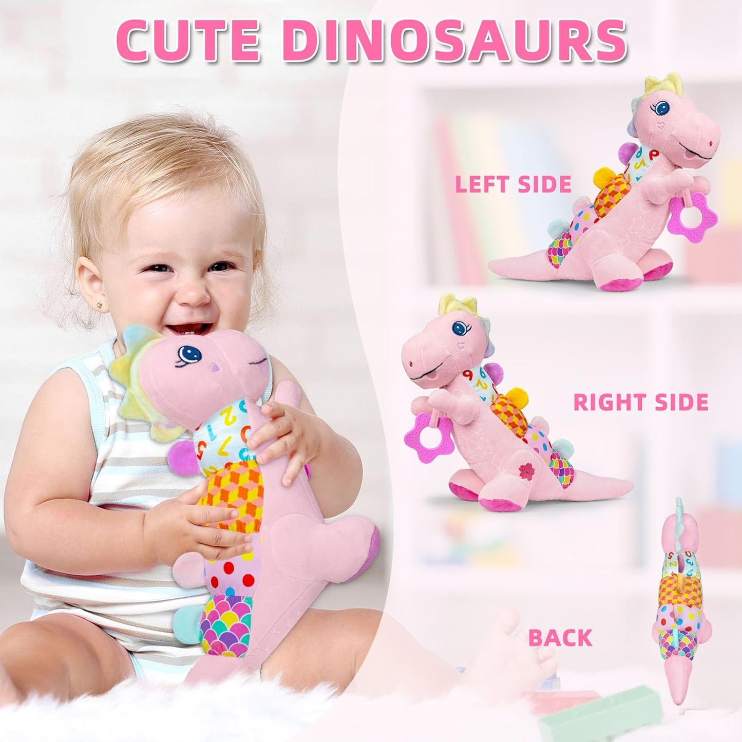 Baby Dino Musical Stuffed Animal Toys for 0-3-6-9-12 Months，Infant Dinosaur Tummy Time Toys with Crinkle Sound Paper，Teether，Textures & Rattles for Newborn Boys Girls Birthday Gifts，Pink