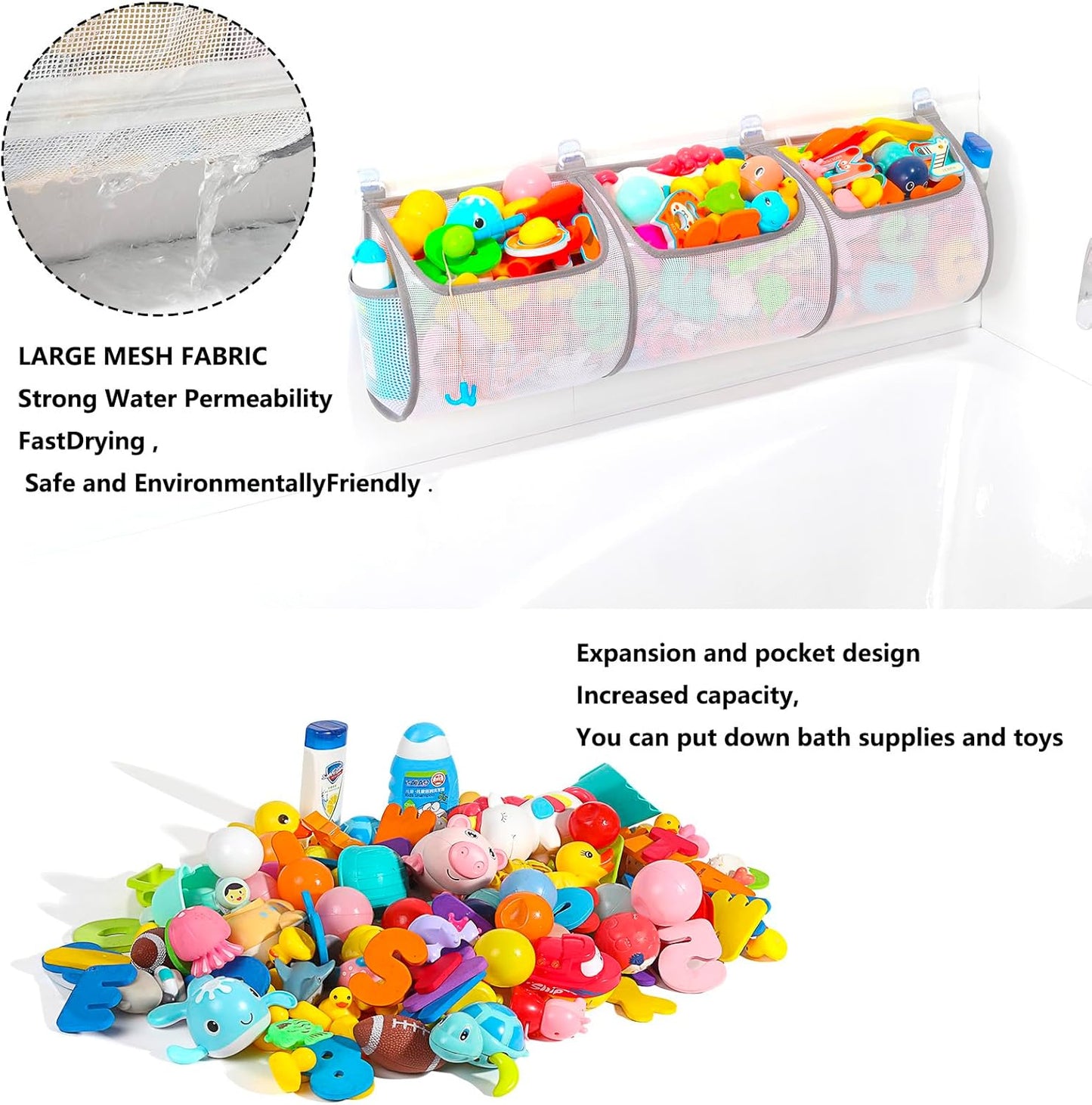 Ligereza Bathtub Toy Holder，Prevent Spots，Bath Toy Storage Bath Toys for Kids Ages 4-8 30“x8.7”Mesh Bath Toy Holder，let Baby Bath Toys Quick Drying