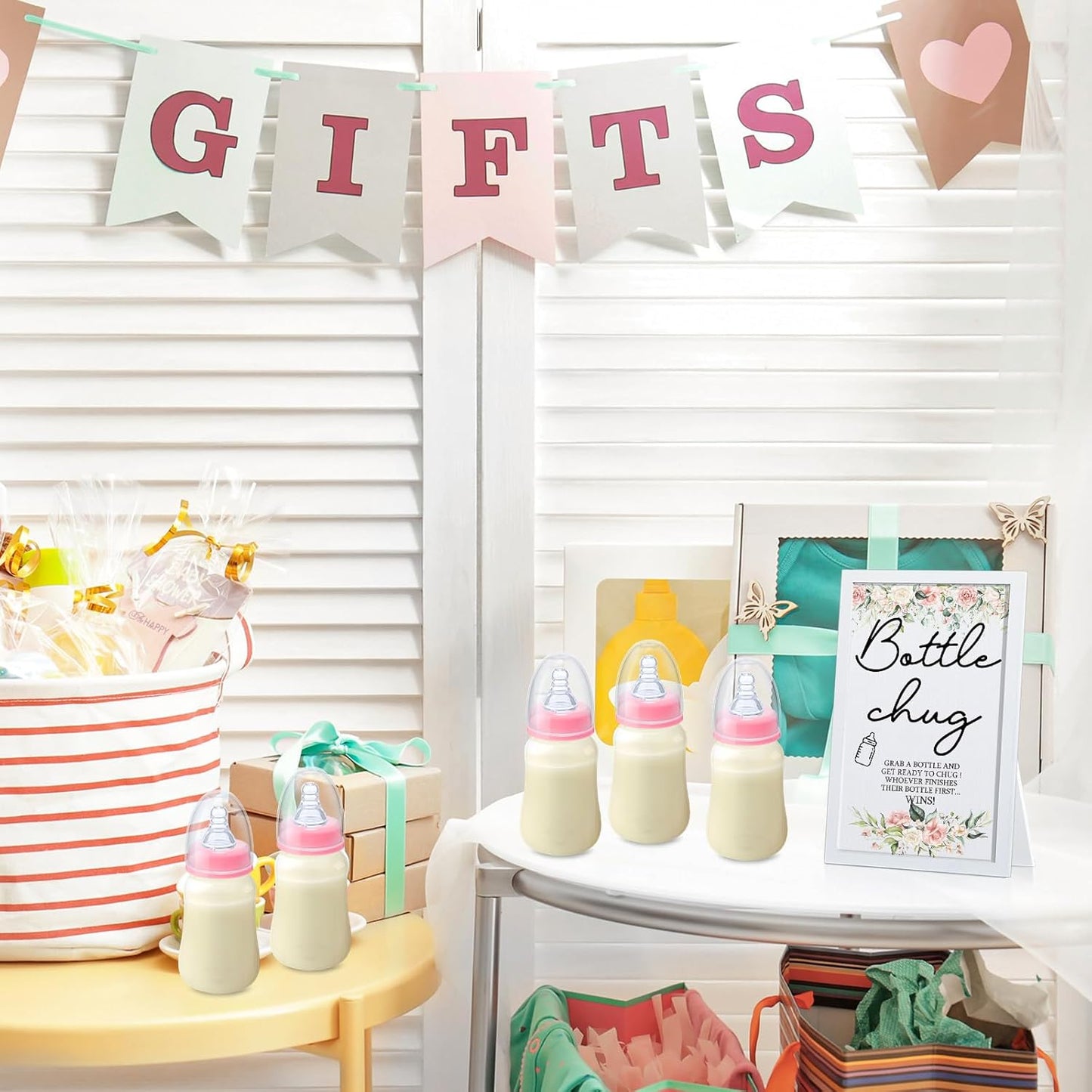 Roowest Bottle Chug Baby Shower Game Favors Including Flower Theme Bottle Chug Game Wooden Sign and 18 Pcs Pink Baby Bottles for Baby Shower Game Gender Reveal Party Supplies