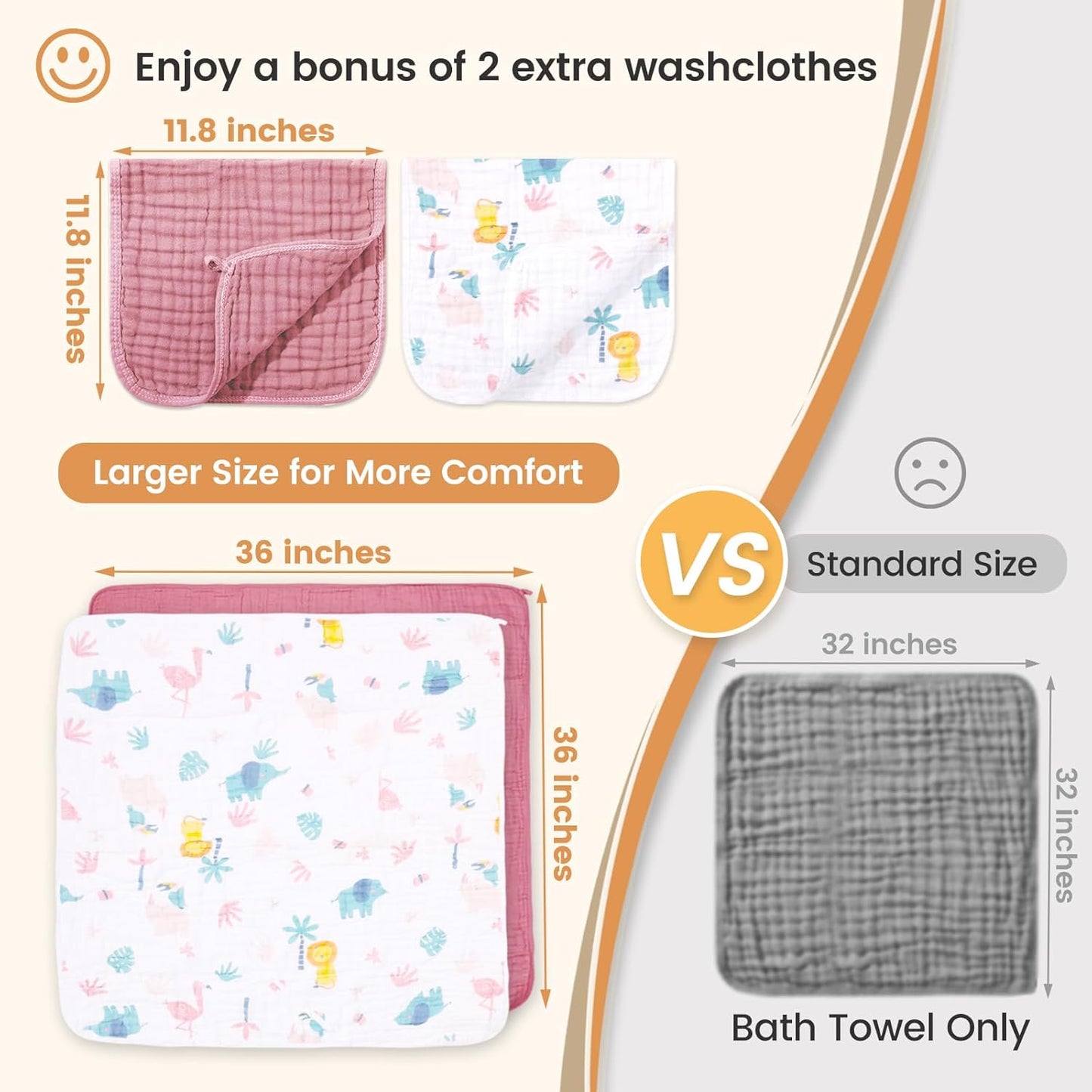 2 Pack Muslin Hooded Baby Bath Towels and 2 Pack WashCloth Set, 36x36 Inch Soft Cotton Bath Towel Baby Wipes Absorbent Bath Face Towels Burp Cloths Face Towels for Girl Boy(Coffee and Apricot)