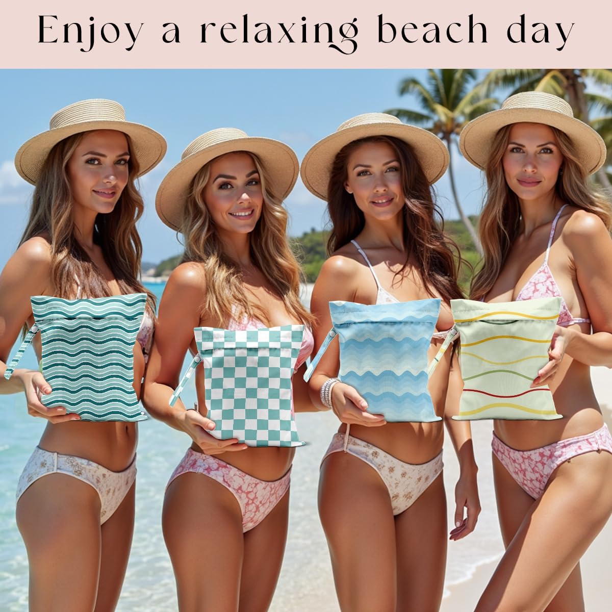 4 Pack Wet Bag for Swimsuit, Beach Travel Essentials Wet Dry Bag, for Sunscreen Toiletry Dirty Clothes Yoga Gym Diaper, Friend Summer Beach Vacation Gifts. Wave, grid