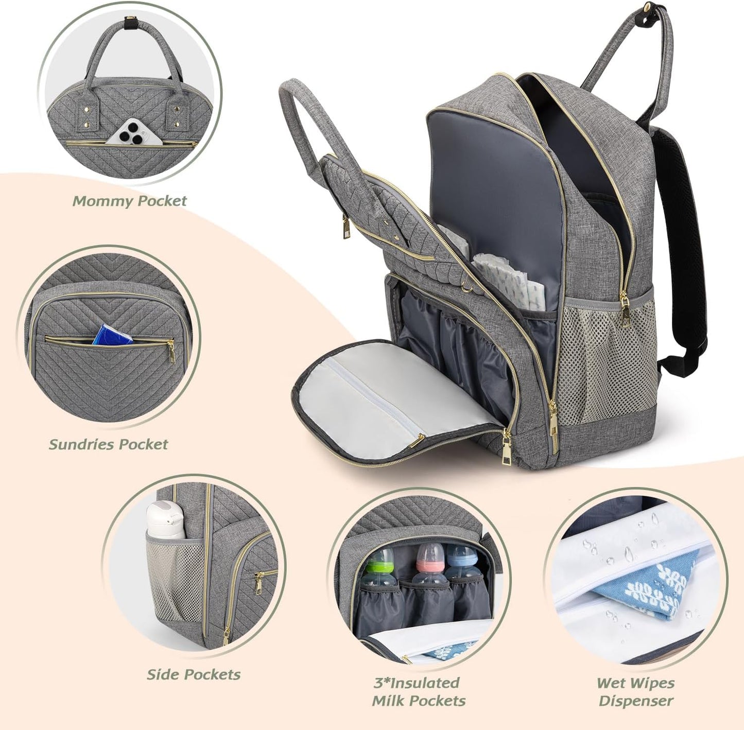 Diaper Bag Backpack,Baby Essentials Diapers Bag with Pacifier Case,Multipurpose Stylish Large Capacity Travel Backpack for Baby Girl/Boy(L-Grey)