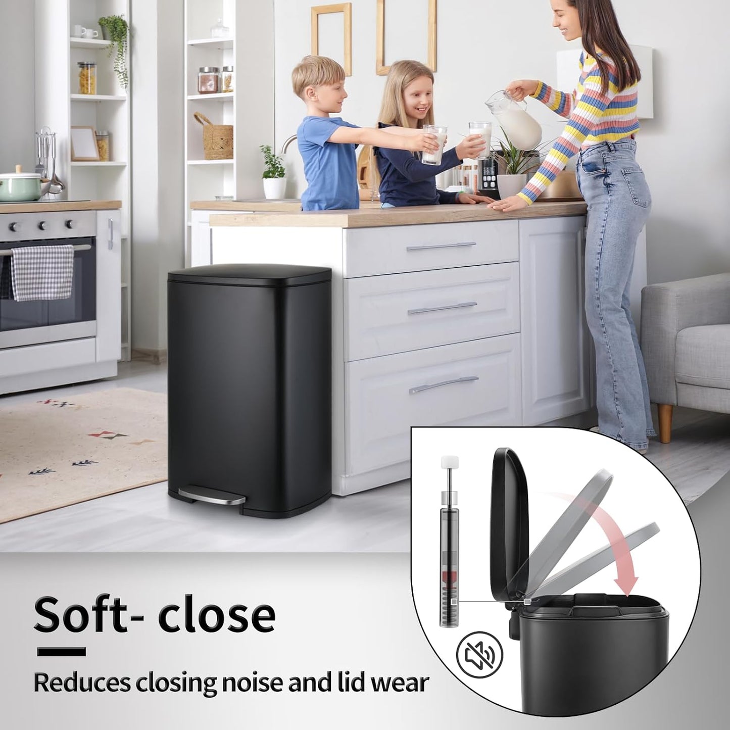 13.2+1.3 Gallon Trash Can Combo Set, Stainless Steel Garbage Bin with Pedal, Removable Inner Waste Bucket, Anti-Fingerprint, Soft-Close Locking Lid Dustbin for Kitchen, Bathroom, Office