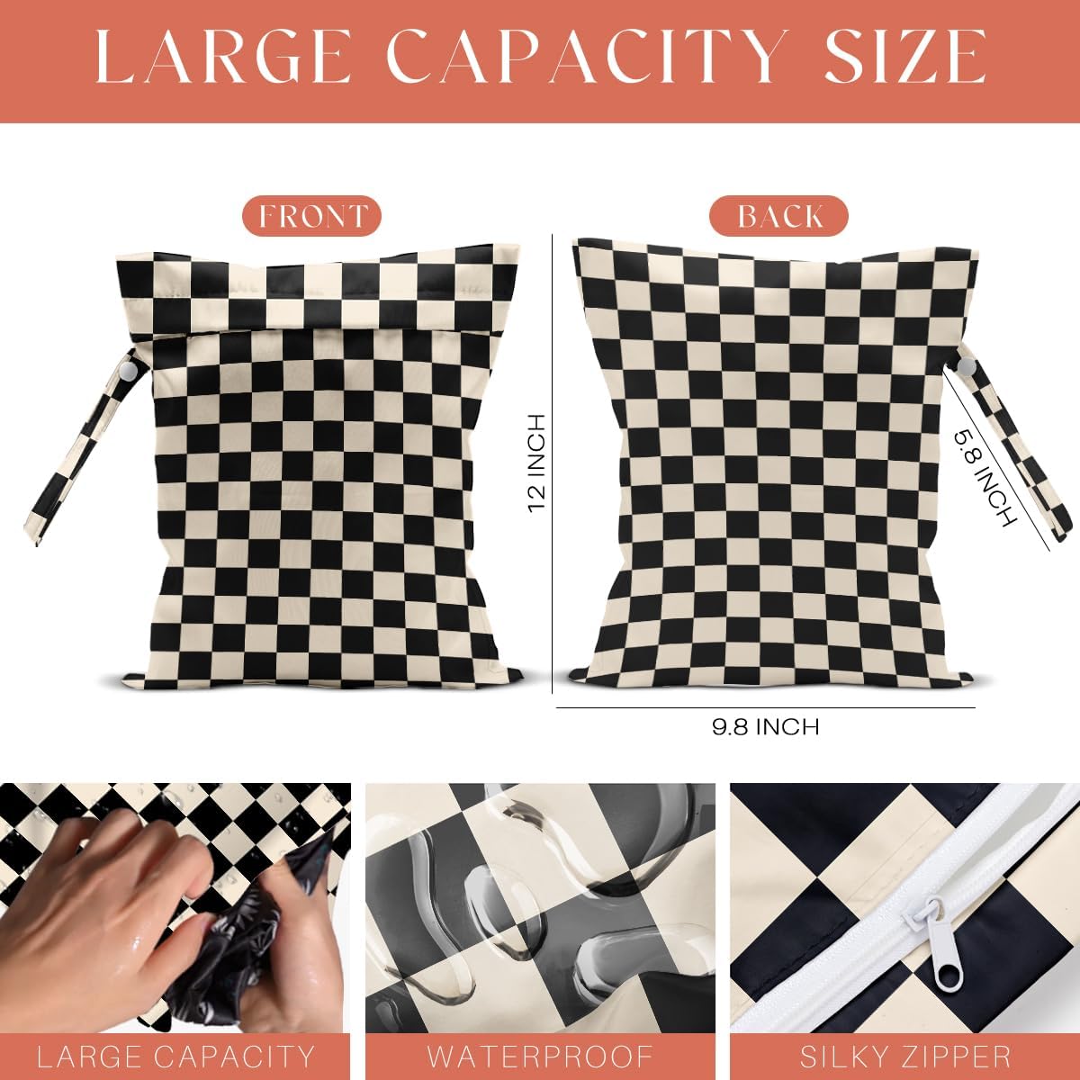 4 Pack Cute Wet Bag Waterproof Washable Reusable Wet Dry Bag for Swimsuit Clothes Cloth Diaper Travel Beach Pool Yoga Gym Halloween Party Camping Toiletries Travel Beach Essentials, Black Checkered