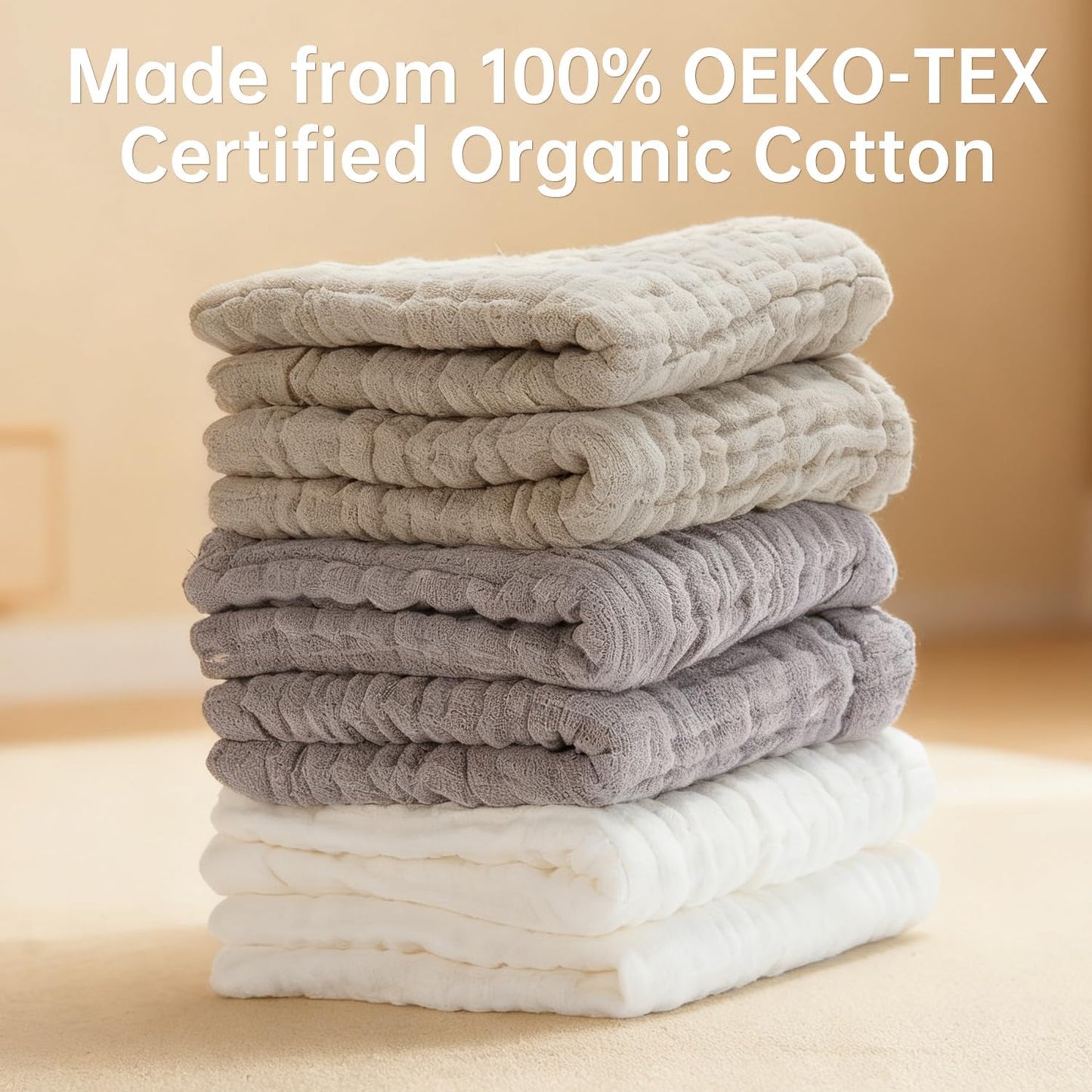 Organic Muslin Baby Washcloths 6 Pack Baby Bath Face Towel 12x12 Inch Extra Absorbent and Soft Burp Cloth and Wash Cloths for Newborn-Infants On Sensitive Skin (White Grey Brown)