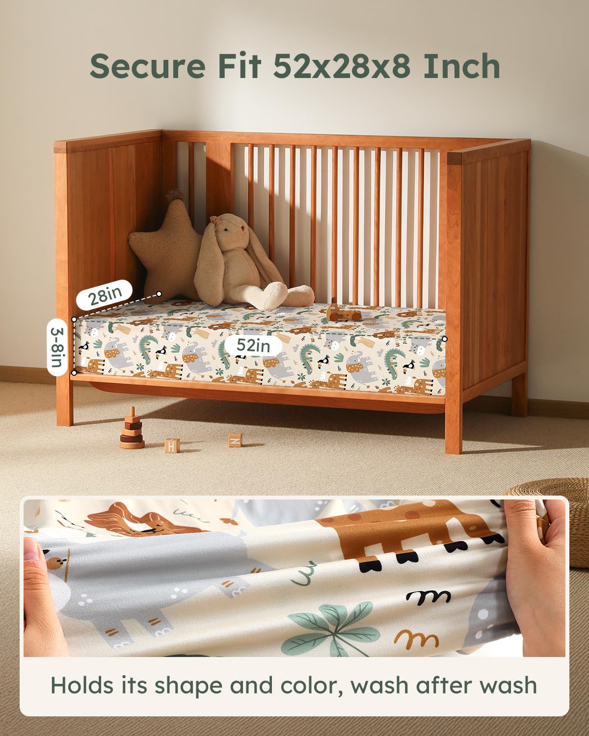 Baby Crib Sheets for Boys Girls, 28x52x8in Fitted Crib Sheet Neutral 3 Pack for Standard Crib and Toddler Mattress, Breathable Soft Microfiber Baby Sheet Green & Apricot Lion