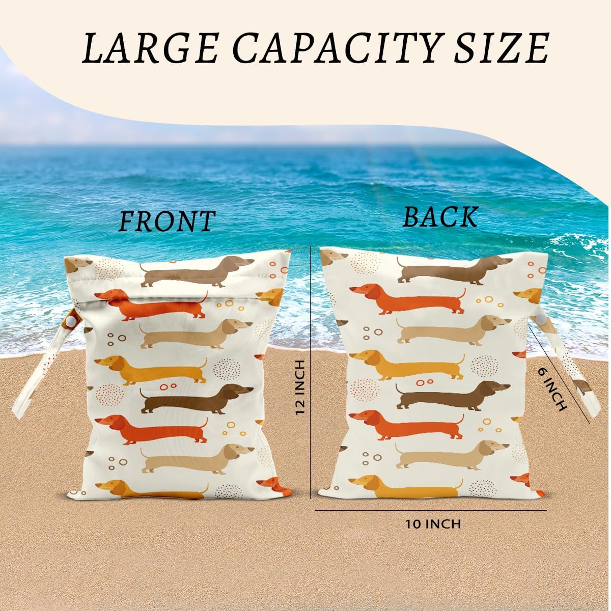 Dog Wet Bags 12x10 Inch, Cute Dachshund Waterproof Travel Laundry Bags, Washable Reusable Wet Dry Bag for Swimsuit Pool Beach Diapers Dirty Yoga Gym Clothes, Dog Gifts for Women Friend Travelers