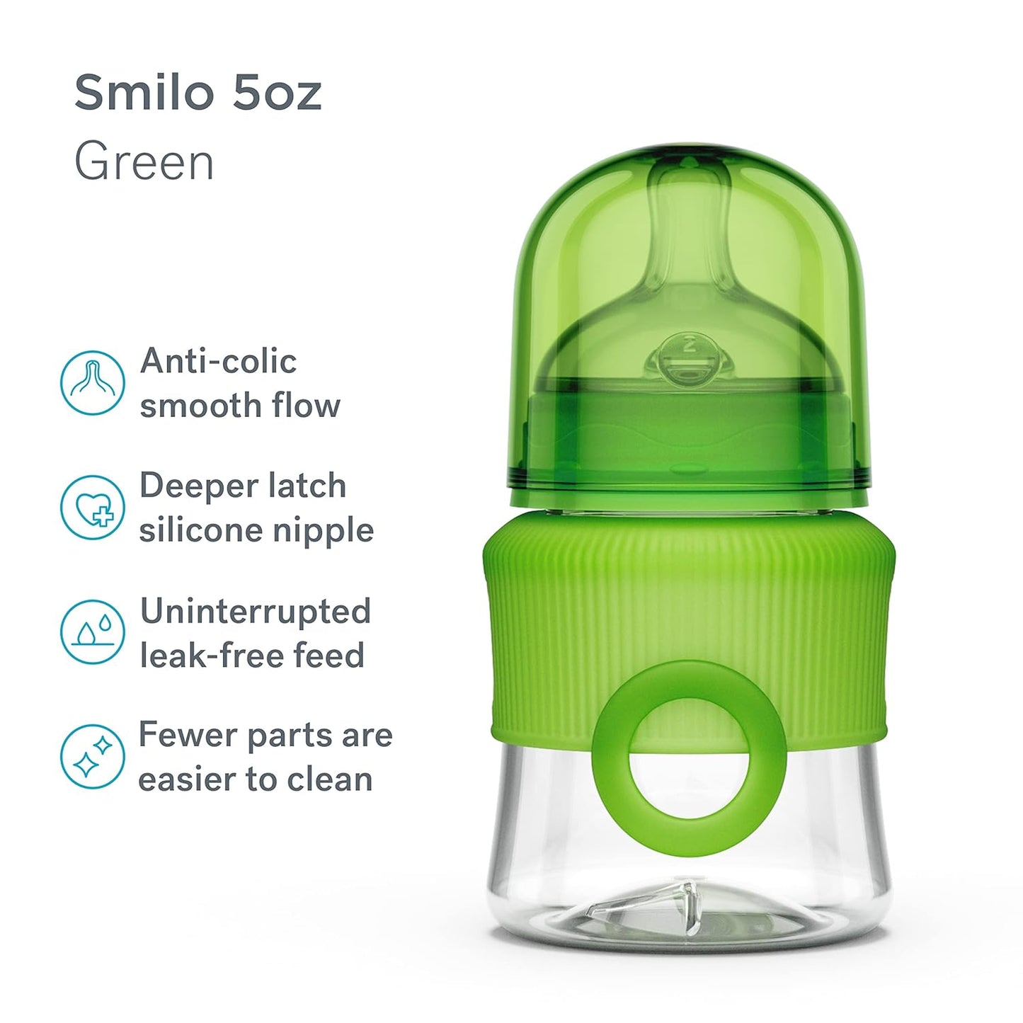 Smilo Baby Bottle Set with Stage 0 Slow Flow Anti Colic Nipple, 5 Oz / 150 ml Capacity, 3X Pack of Anti Colic Baby Bottles 0-3 Months - Green