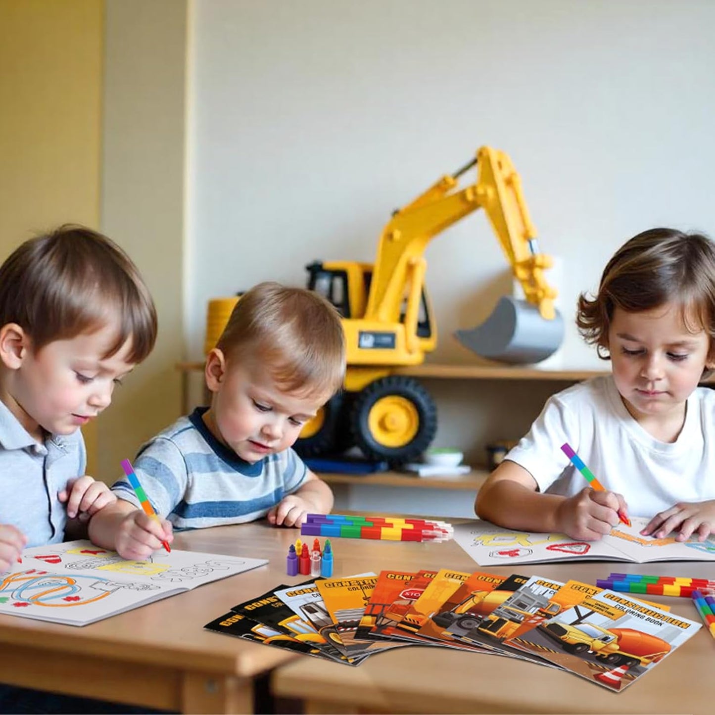 BenLouis 12 Construction Mini Coloring Books Kids with 12 Stacking Crayons Excavator Theme Party Favors Small Activity Books Bulk for Kids Construction Birthday Party Gift Goodie Bag Stuffers