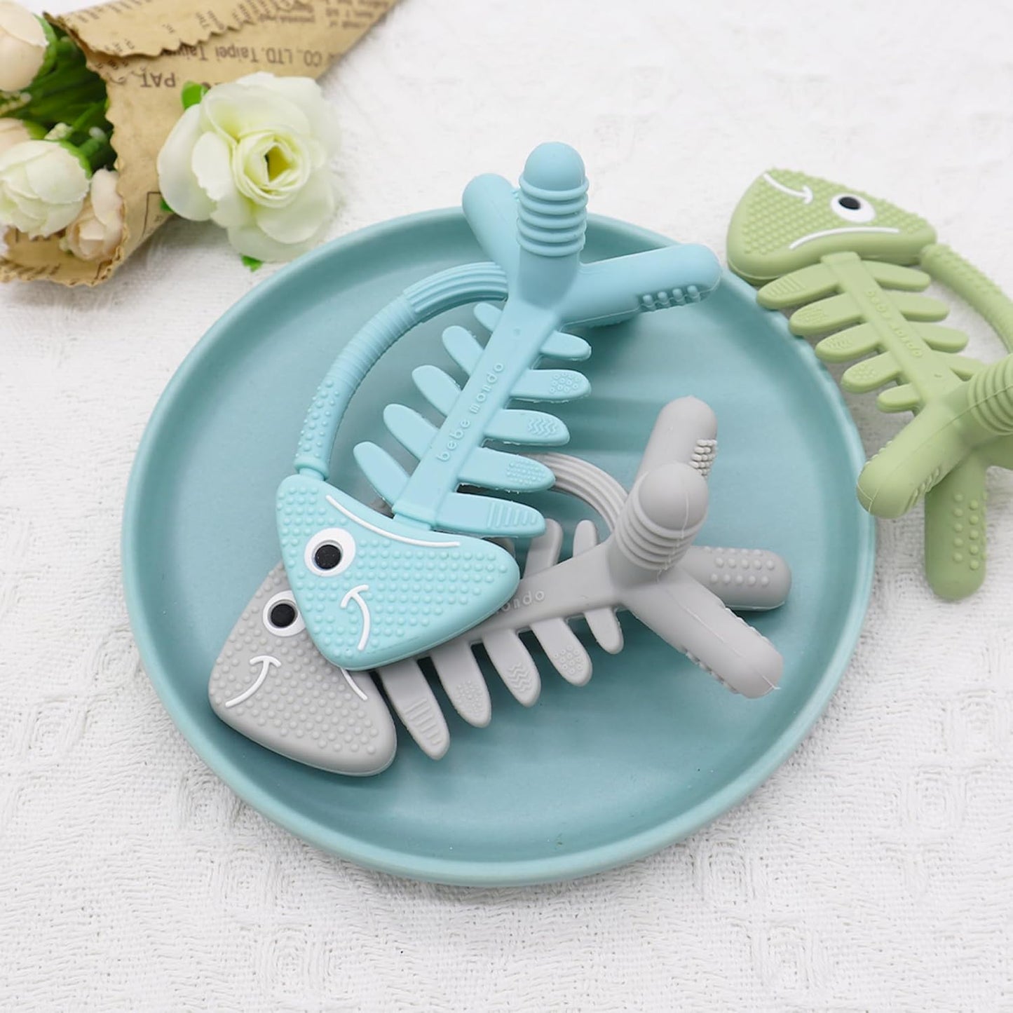 3in1 Infant Toys, Baby Teething Toys 3-6 6-12 Months, Teethers for Babies 3-6-12 Months, for Teething Relief, Baby Gift, Silicone,Sensory Toys 0-6 Months,USA Patent Pending,Fish,(Olive)