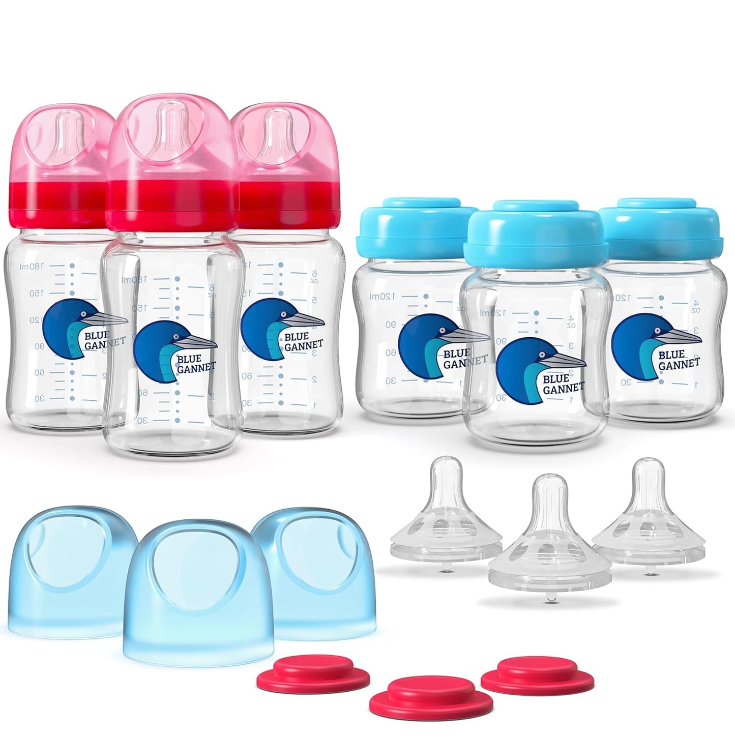 Multipurpose Anti-Colic Glass Baby Bottles with Slow Flow and Natural Flow Nipples, Breast Milk Collection and Storage Bottles, Wide-Neck Breast Pumps Compatible, 6-Pack (4oz, 6oz)