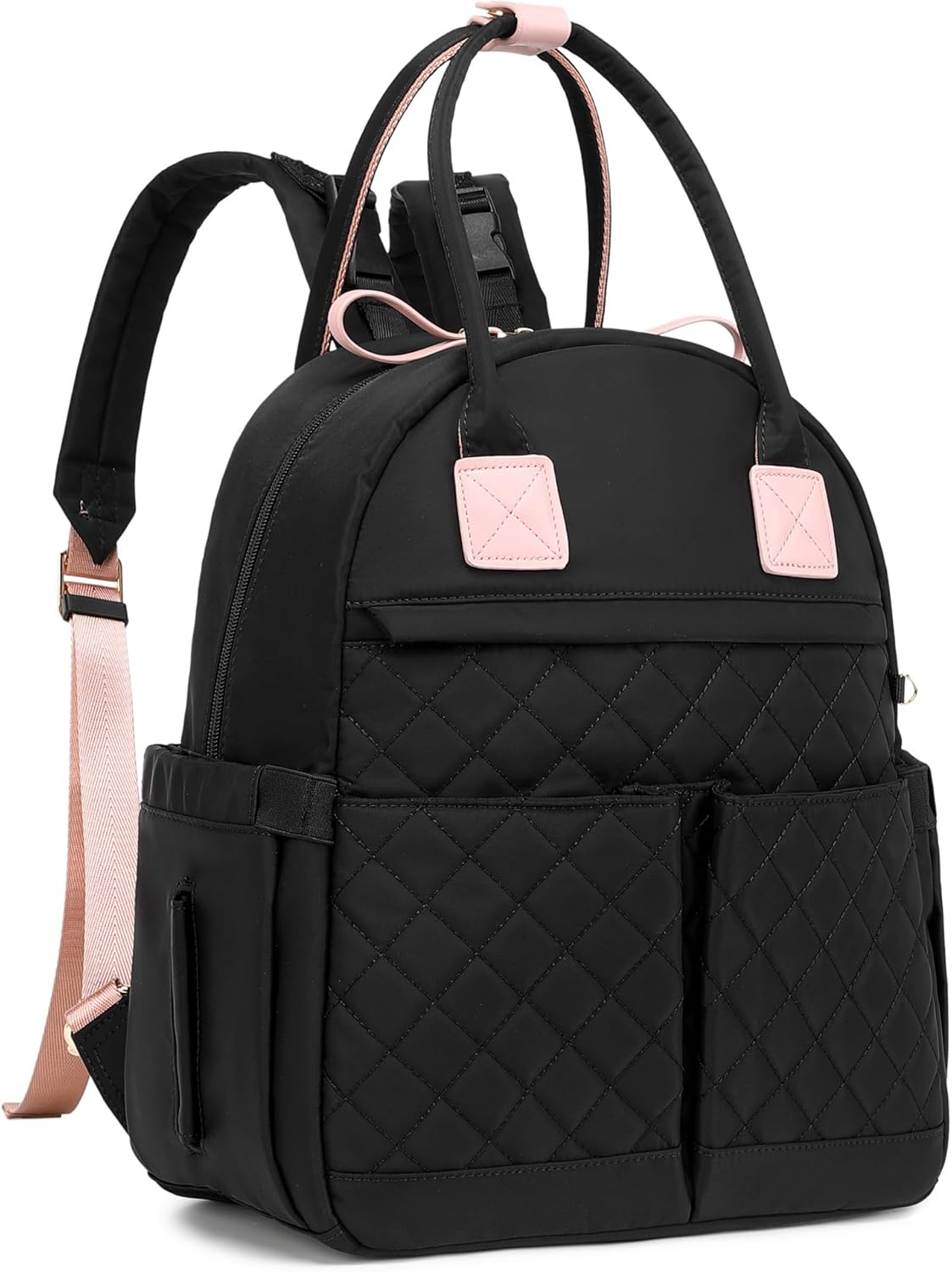 18 Pockets Large Diaper Bag Backpack with Waterproof Pockets and Stroller Buckle, Convertible Baby Bag (Black-pink, Medium)