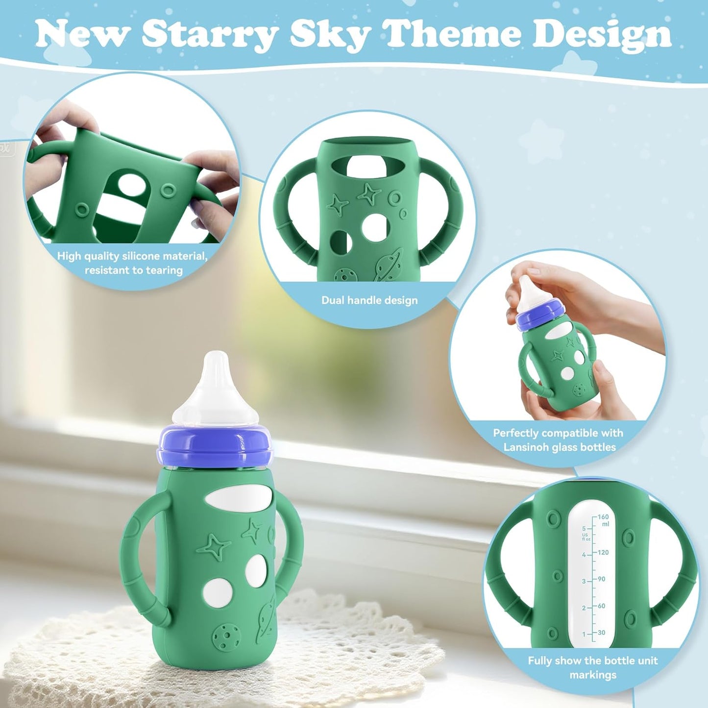 4-Pack Silicone Sleeves for Lansinoh Glass Bottles 5 oz-Starry Sky Design Baby Bottle Holder with Handles,Protectors for Lansinoh Natural Wave Glass Bottles, Anti-Scald Feeding Supplies