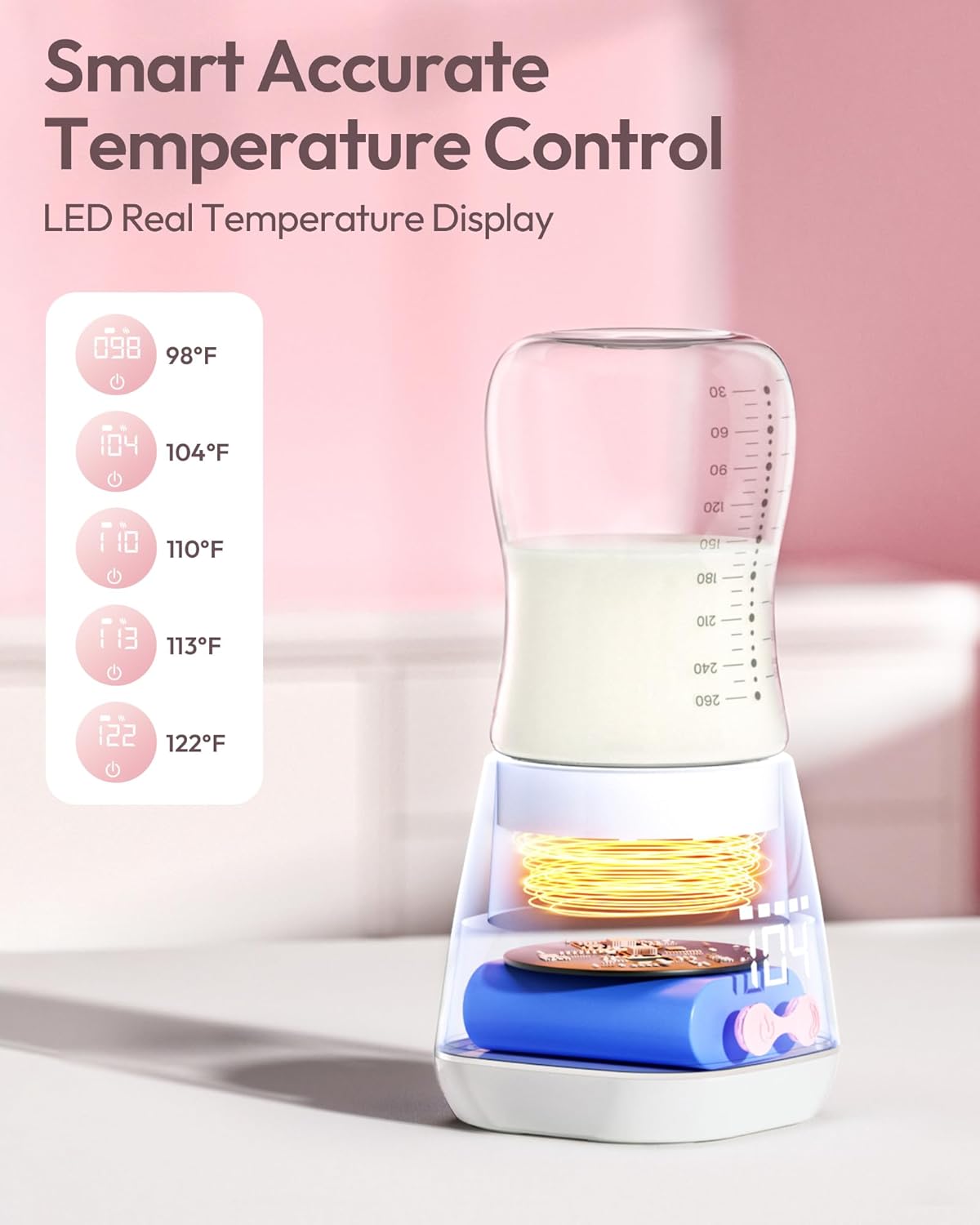 Portable Bottle Warmer, w-maxa Fast Baby Bottle Warmer for Travel with Glass Bottle & 4 Adapters, Rechargeable Bottle Warmer On The Go with Precise Temperature Control for Breastmilk, Formula