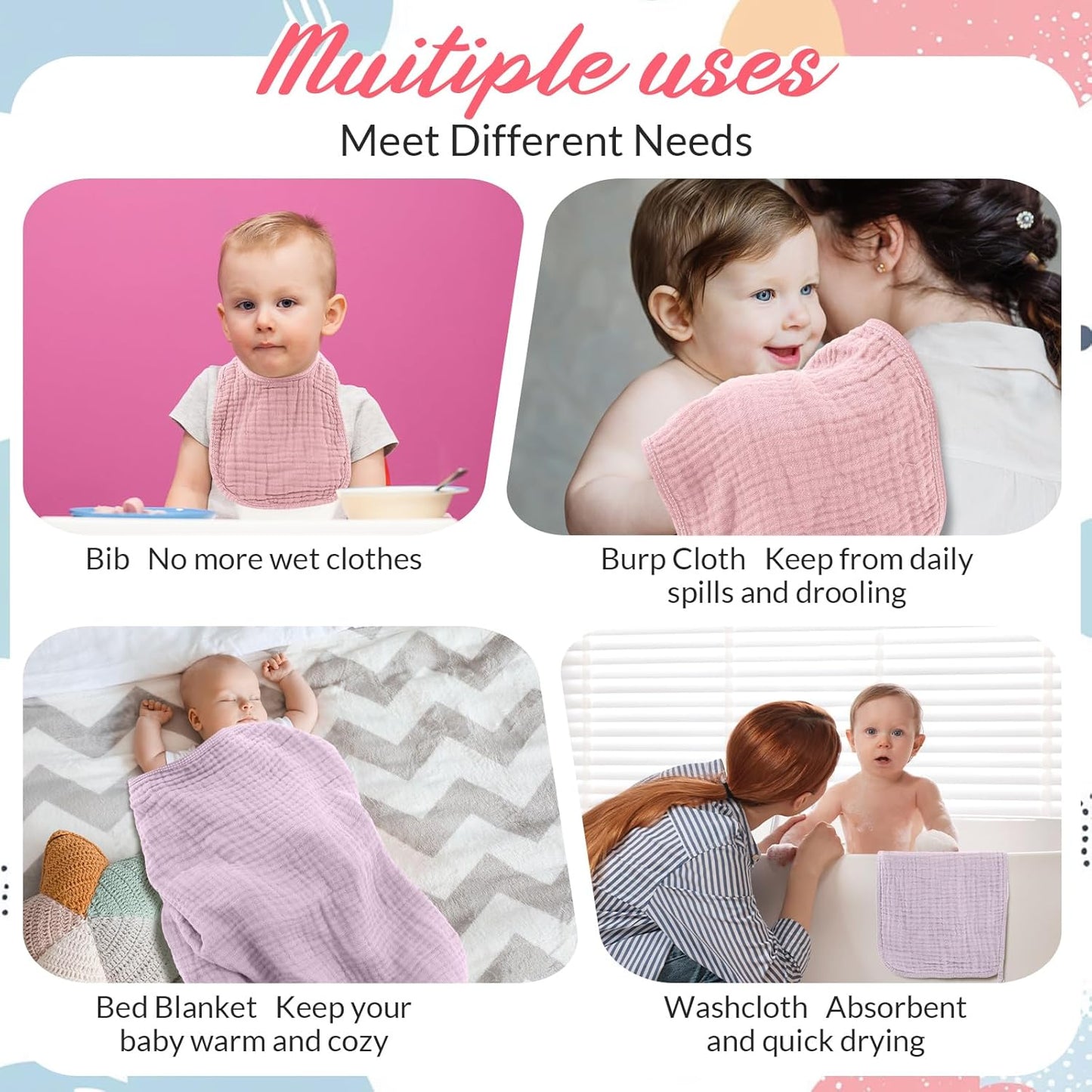 6 Pcs Muslin Hooded Bath Towels Washcloths and Bibs Set, Muslin Cotton Baby Towels Absorbent Hooded Blanket Towel Infant Bibs for Boys Girls Newborn Infant Essentials(Pink, Purple)