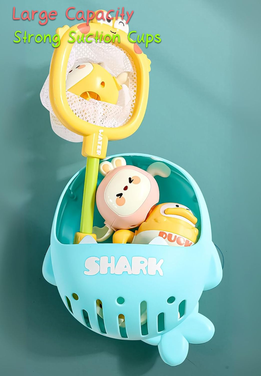 Adorable Frog Fishing Net Toy with 1 Wind-up Duck, 1 Windup Rabbit, Shark Storage Box for Kids Bath Time Fun, Perfect for Babies and Toddlers (Green)