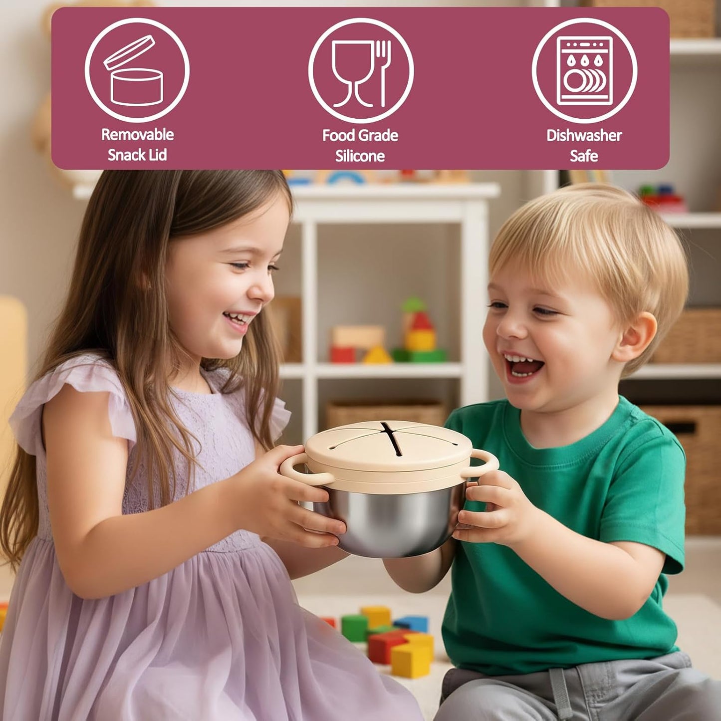 2 Pack Stainless Steel Toddler Snack Cups,Snack Containers For Kids,Baby Food Catcher Spill Proof,Bpa-Free,Food Grade Silicone,Spoon Is Included