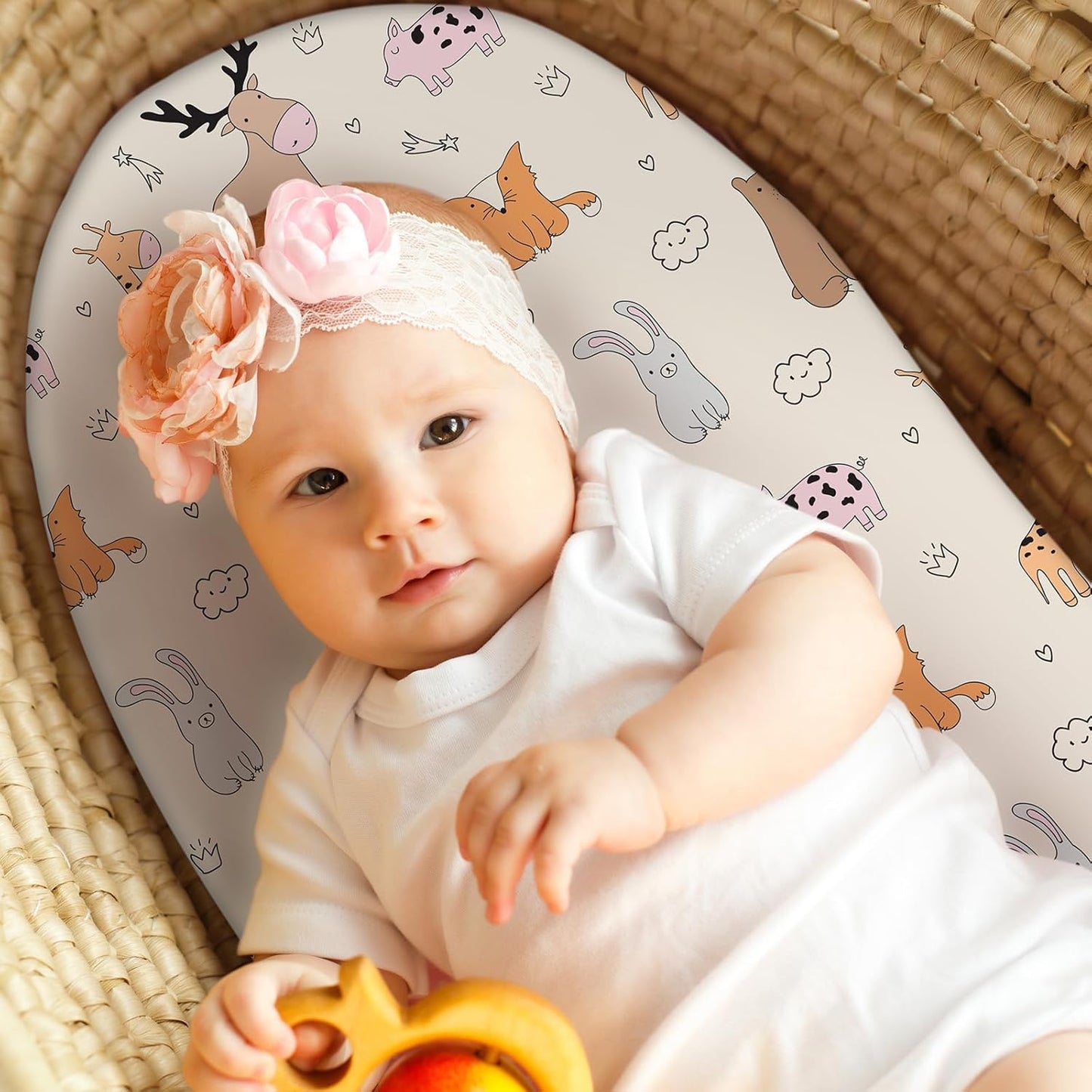 Baby Bassinet Sheets Girl Boy, Fitted Bassinet Sheet Set 3 Pack Bassinet Mattress Sheets Universal Fit for Rectangle, Round, Oval, Hourglass Mattress, Soft Breathable Blue & Apricot Bear