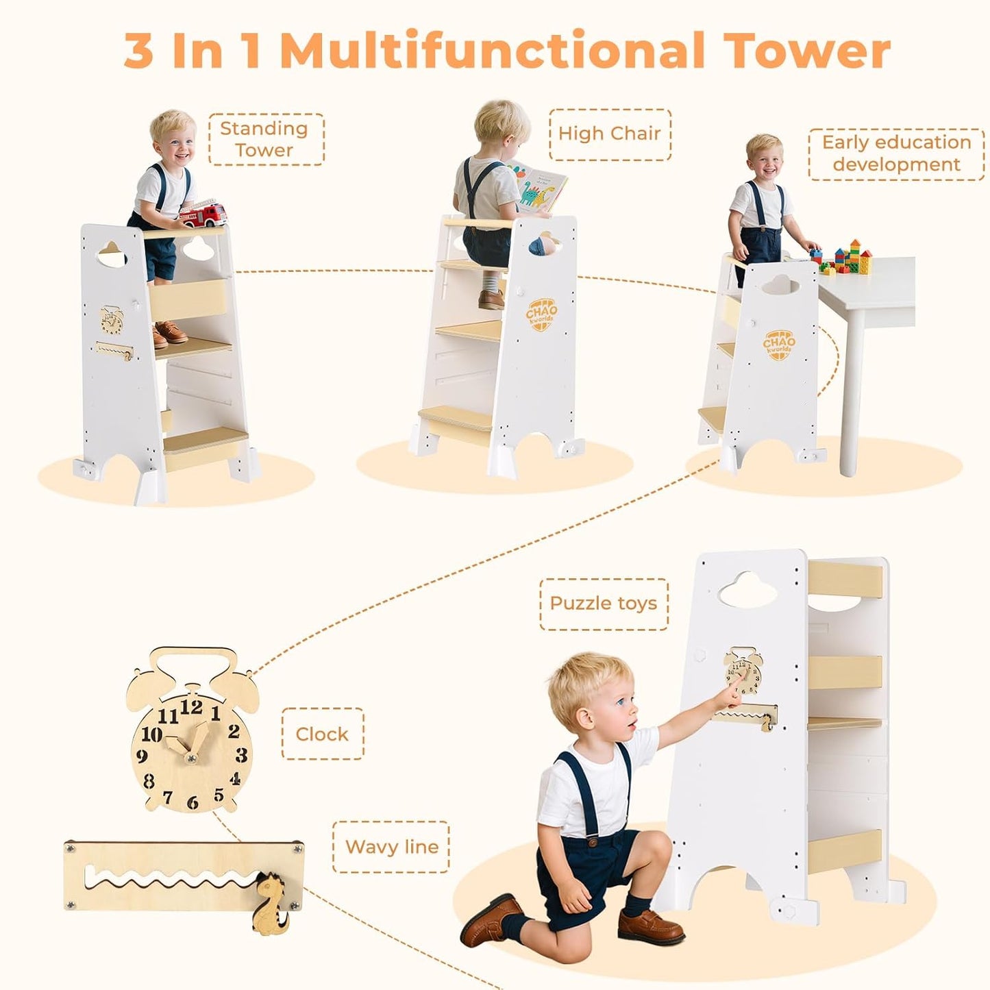 Toddler Tower 3-in-1 Multifunctional Kitchen Stool Helper, Adjustable Height ，Highchair