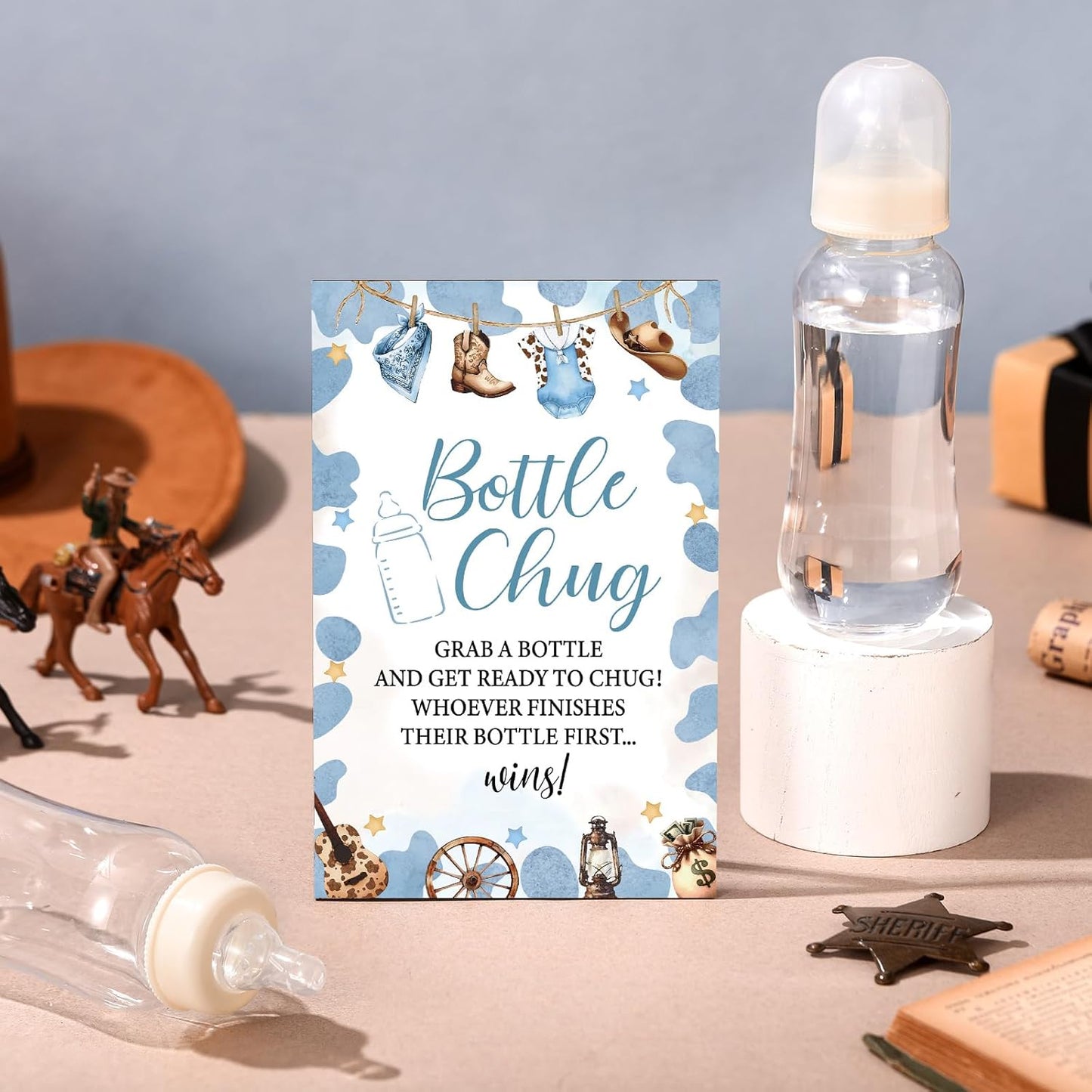 TrelaCo Cool Baby Shower Games Bottle Chug Sign and 12 Pcs Baby Bottle Shower Favor for Games Gender Reveal(Blue,Little Cowboy)