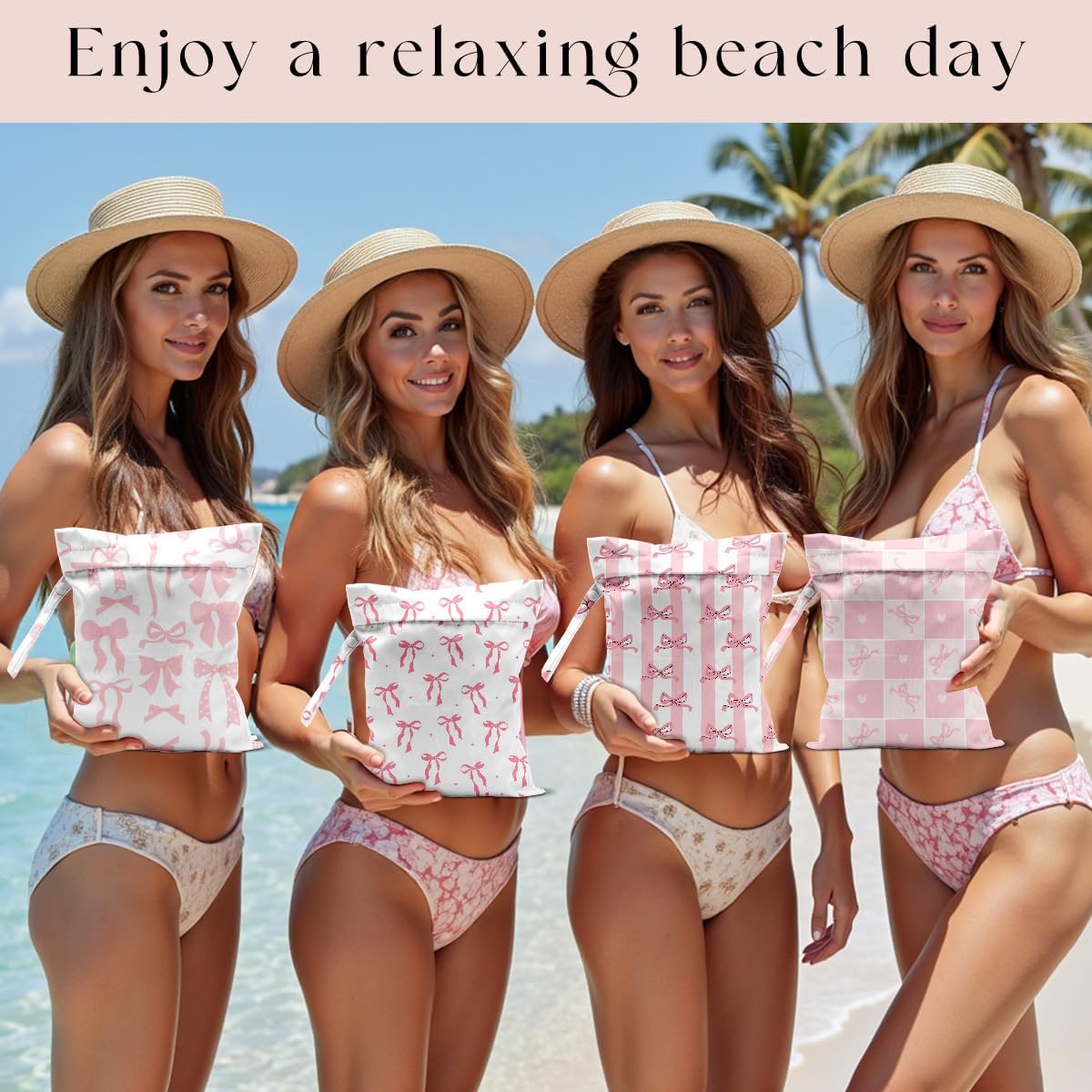 4 Pack Wet Bag for Swimsuit, Beach Travel Essentials Wet Dry Bag, for Sunscreen Toiletry Dirty Clothes Yoga Gym Diaper, Friend Summer Beach Vacation Gifts. Pink Bow Series