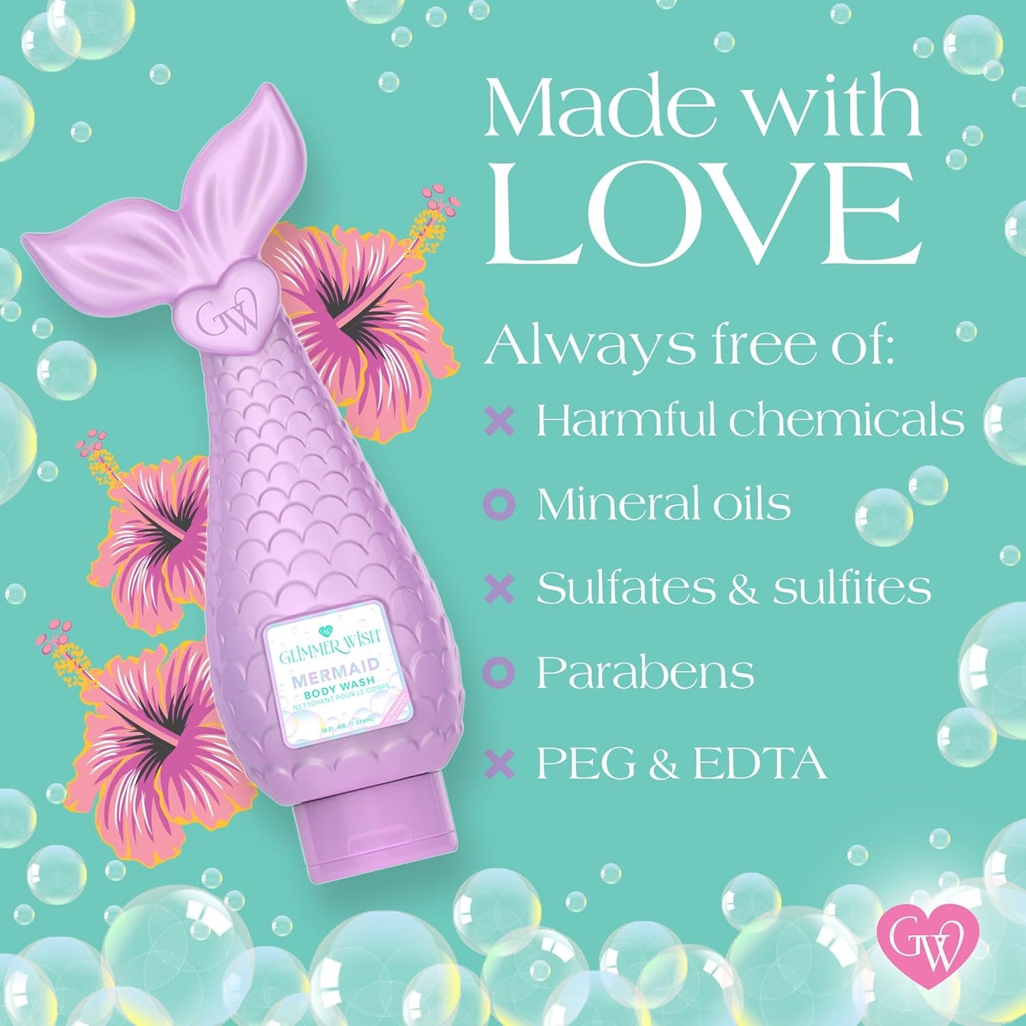 Glimmer Wish Mermaid Kids Body Wash, Gentle Cleanser and Moisturizing Sulfate Free Body Wash, Skin Care for Kids, Tropical Beach Scent, 12 Fl Oz