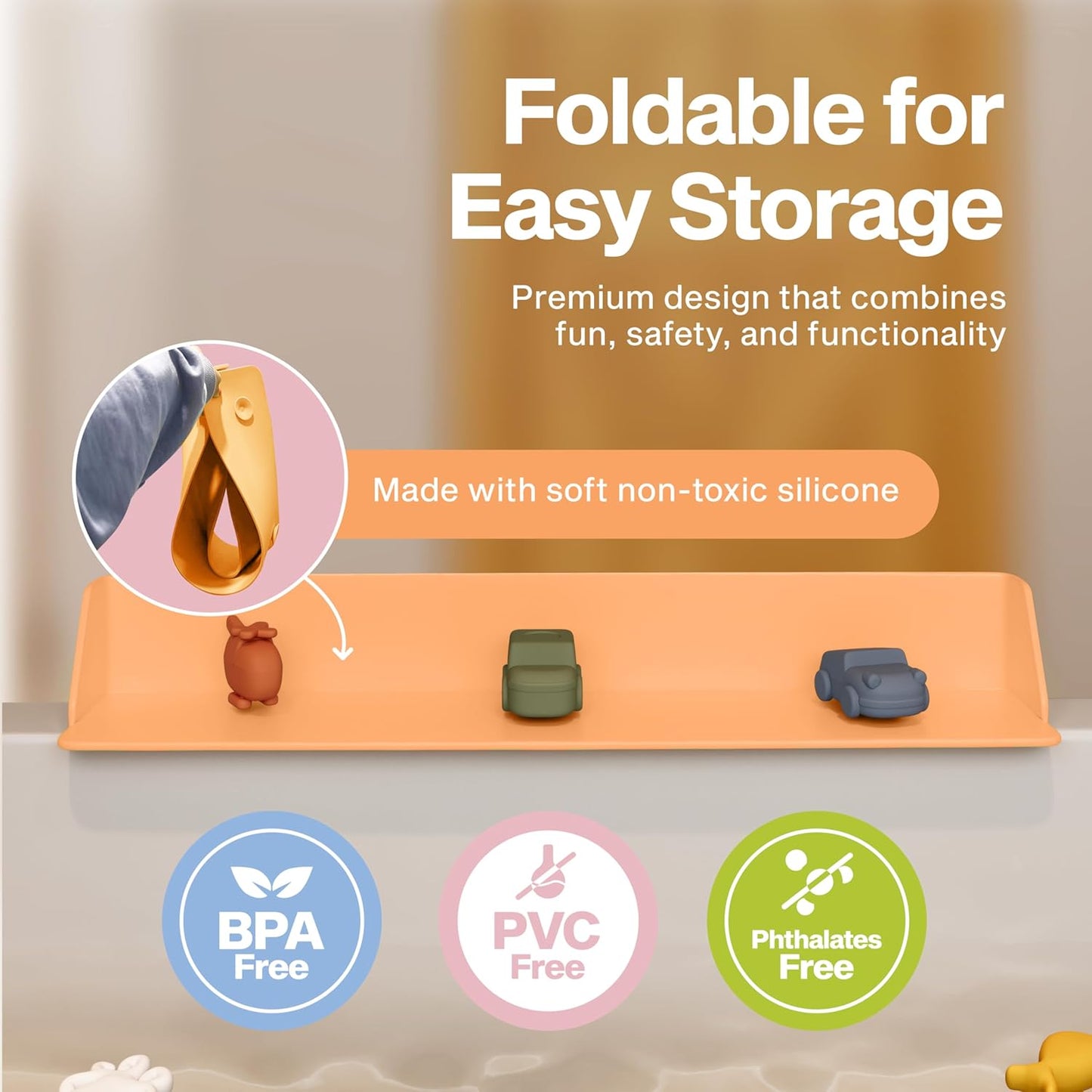 Original Little Splasher PlayPad, Bathtub Splash Guard Play Shelf - Toy Tray Caddy Holder Storage - Suction Cups Attach to Bath Tub - No Mess Water Spill in Bathroom for Toddlers Kids Baby (Orange)