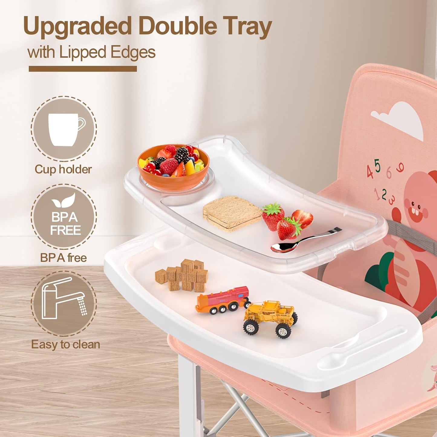 Baby Travel Booster Seat with Double Tray, BabyBond Upgraded Toddler Portable Baby Chair, Booster Seat for Dining Table, Stable and Foldable Booster Baby Chair for Indoor/Outdoor (Pink Dinosaur)