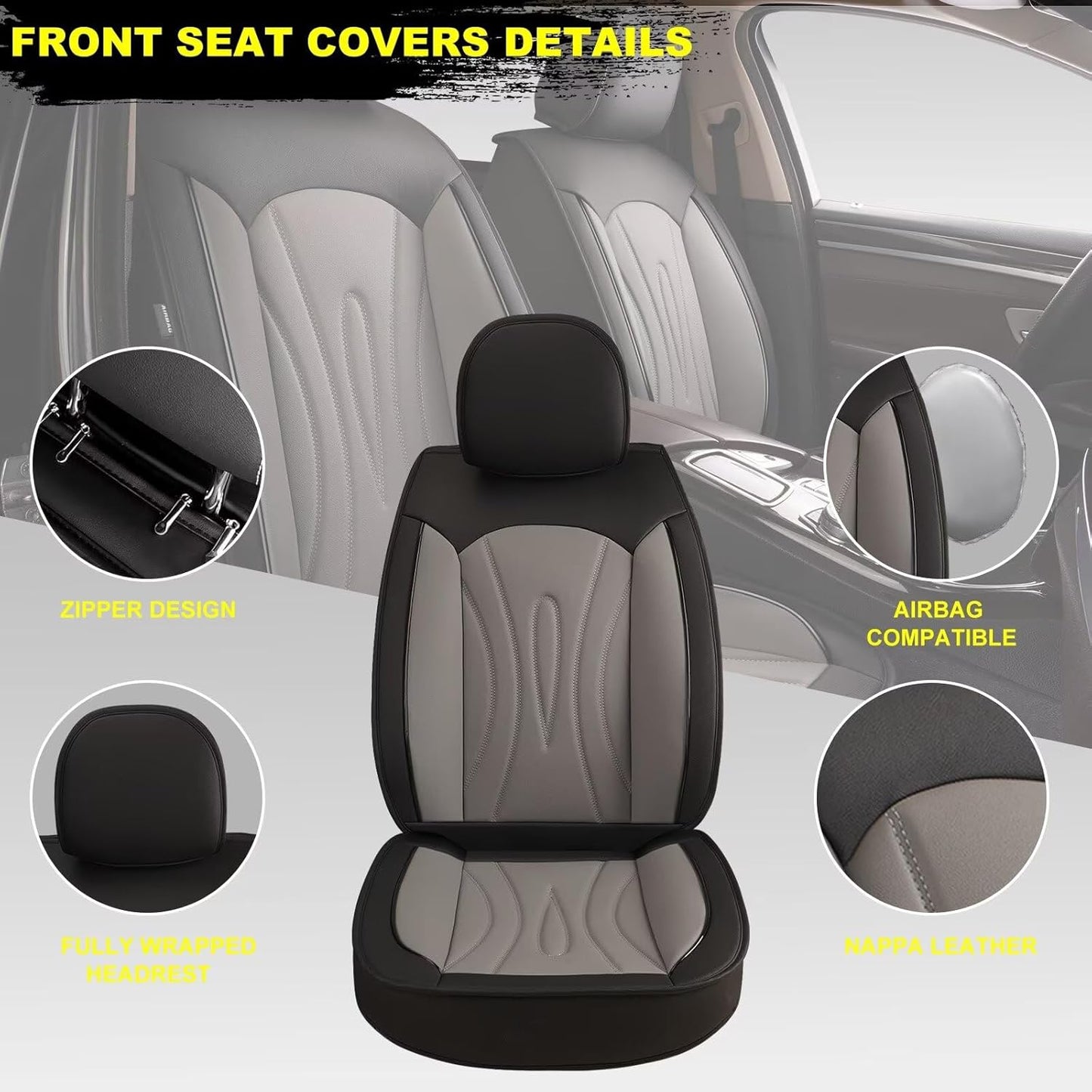 Car Seat Covers Fit for Mercedes-Benz GLE-350 2016-2025: Faux Leather Front Seat Covers Waterproof Auto Seat Protector with Compatible Airbag(2 Seats, Black&Grey)
