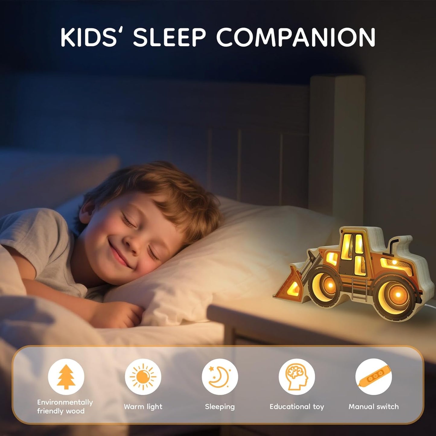 Night Light for Kids, Wooden Loader with Led Night Light, Nursery Nightlight for Toddler Ages 3+ Boys and Girls, Cute Lamps for Birthday Gift, Christmas, New Year, Kids Room Decor, Bedroom