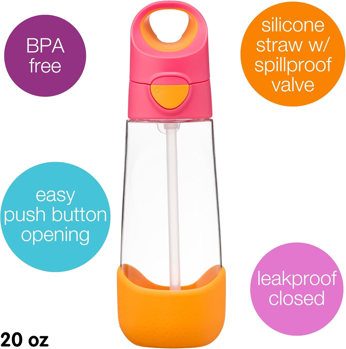b.box Kids Water Bottle – 20oz Tritan Toddler Drink Bottle with Straw for School, Daycare, Travel w/Easy-Grip Triangular Design, Leak Proof Lid & Handle, BPA Free, Dishwasher Safe (Strawberry Shake)