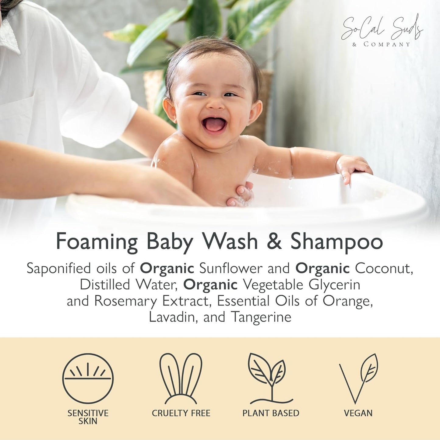 SoCal Suds & Company - 2-in-1 Organic Foaming Baby Shampoo & Body Wash Refill- Natural Botanical Castile Soap Baby Wash Sensitive Skin, Newborn Nourishing Soothing Ingredients - Soft Citrus, 32oz