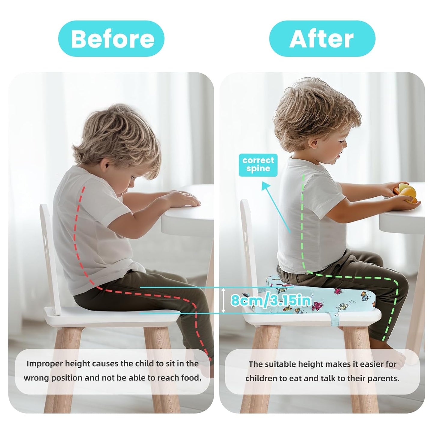 Toddler Booster Seat for Dining Table, Kids Booster Seat for Kitchen Chair with Non-Slip Bottom, Portable Detachable Washable Increasing Cushion with 2 Adjustable Straps (Mermaid)