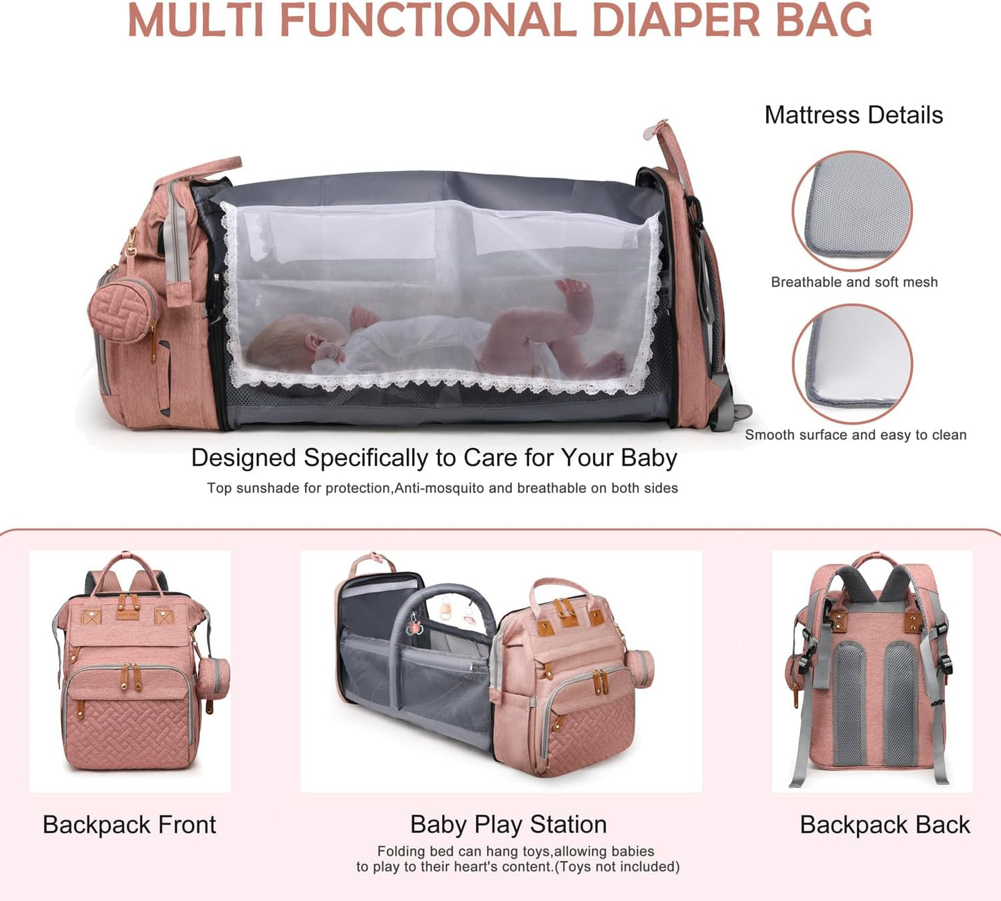 Diaper Bag Backpack with Changing Station, Multifunction Travel Baby Bag, Waterproof Baby Tote, Large Capacity Mommy Bag, Newborn Essentials Backpack Bag, Girls, Pink