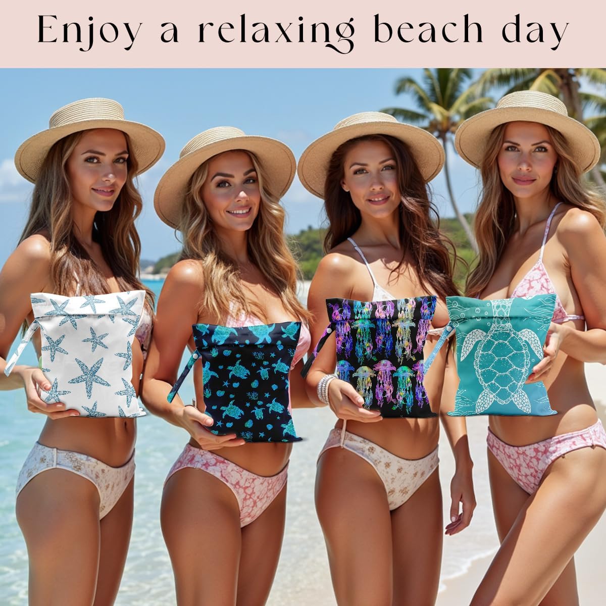 4 Pack Wet Bag for Swimsuit, Beach Travel Essentials Wet Dry Bag, for Sunscreen Toiletry Dirty Clothes Yoga Gym Diaper, Friend Summer Beach Vacation Gifts. Starfish, sea turtles, jellyfish