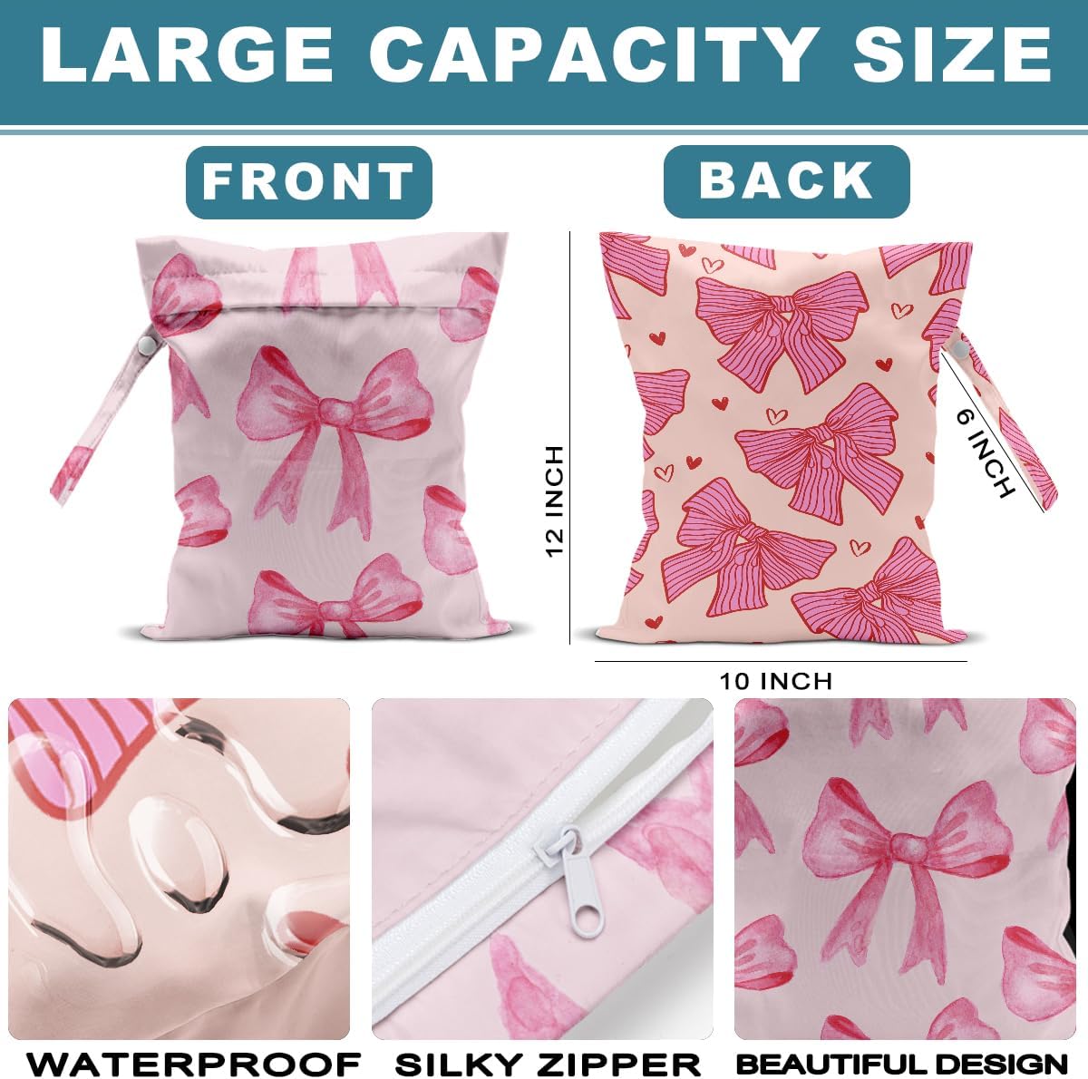 2Pcs Bow Tie Wet Bag for Vacation Essentials, Waterproof Reusable Wet Dry Bags, Heart Washable Travel Laundry Bags for Beach Diapers Dirty Yoga Gym Clothes, Pink Gifts for Women Friend, 12x10 Inch