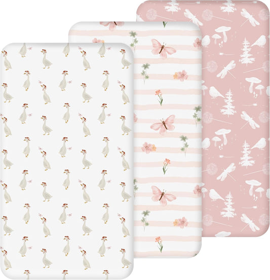 Nap Mat Sheet 47"x24", 3 Pack Pink Floral Baby Crib Sheets Fitted Elastic Corners, Preschool Day Care Rest Mat Cover, Soft Breathable - Compatible with Regalo My Cot, Joovy Travel Cot