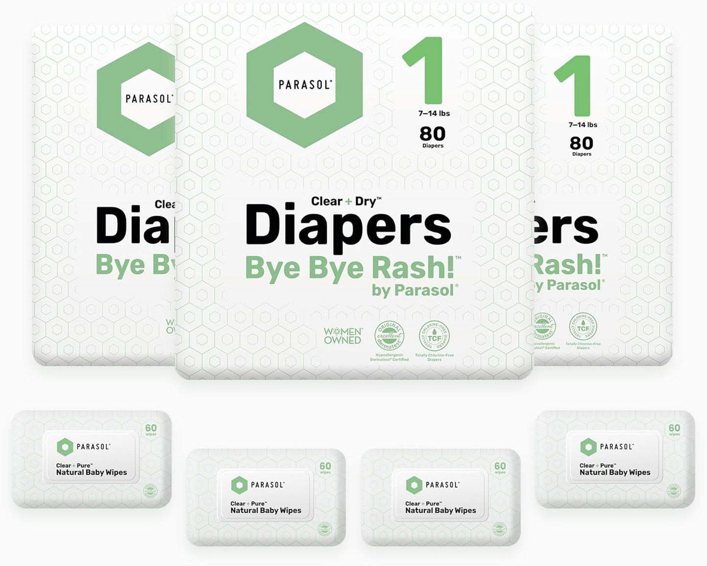 Parasol Clear+Dry Disposable Diapers and Clear+Pure Wipes, RashShield Protection, Size 1 (7-14 lbs), Diaper Bundle of 240 Diapers & 240 Wipes