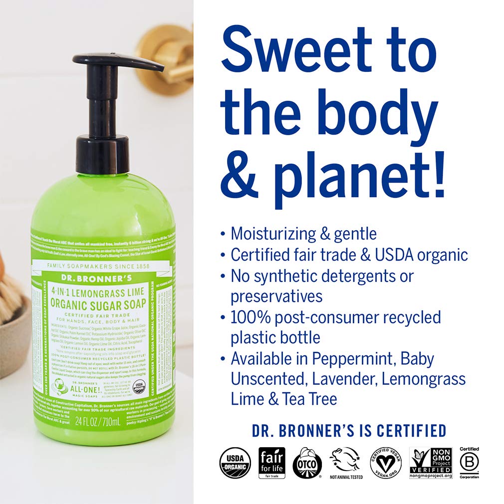 Dr. Bronner's - Organic Sugar Soap (Lemongrass, 64 Ounce) - Made with Organic Oils, Sugar and Shikakai Powder, 4-in-1 Use: Hands, Body, Face and Hair