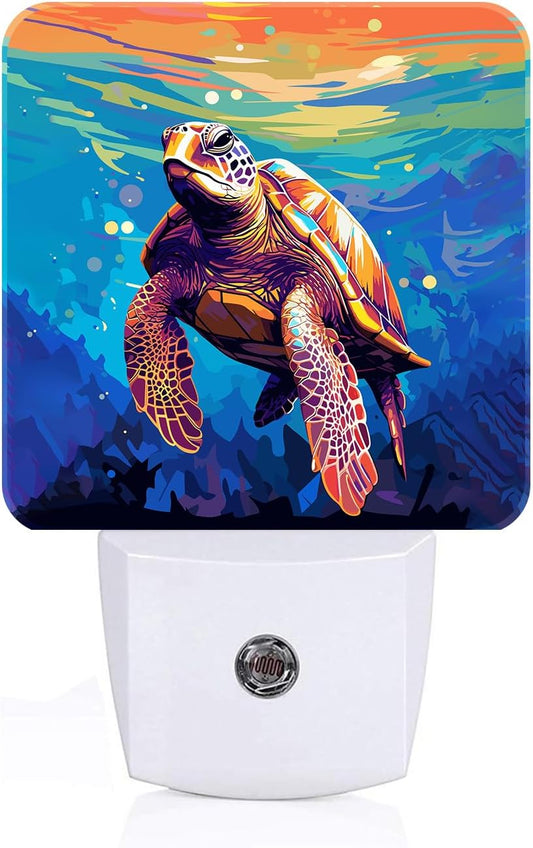 Watercolor Wild Turtle Night Light,Plug-in Nightlights Auto Sensor Night Lamp Dusk to Dawn Lamp Home Decor for Nursery Children Girls Boys