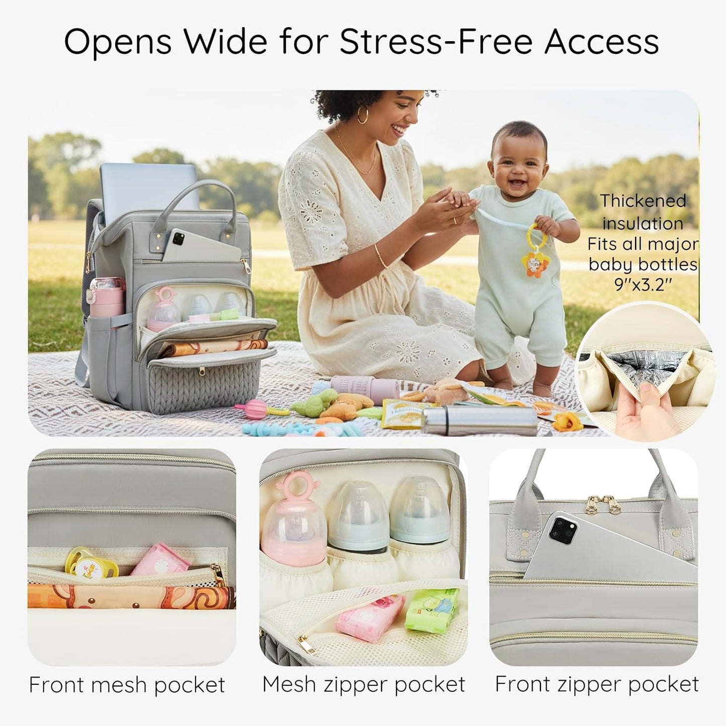 AIJIEKE Diaper Bag, Large Wide-Open Baby Diaper Backpack, Multi-functional Baby Travel Tote Bag, Diaper Bag with Changing Pad, Diaper Bags for Mom & Maternity (Grey)