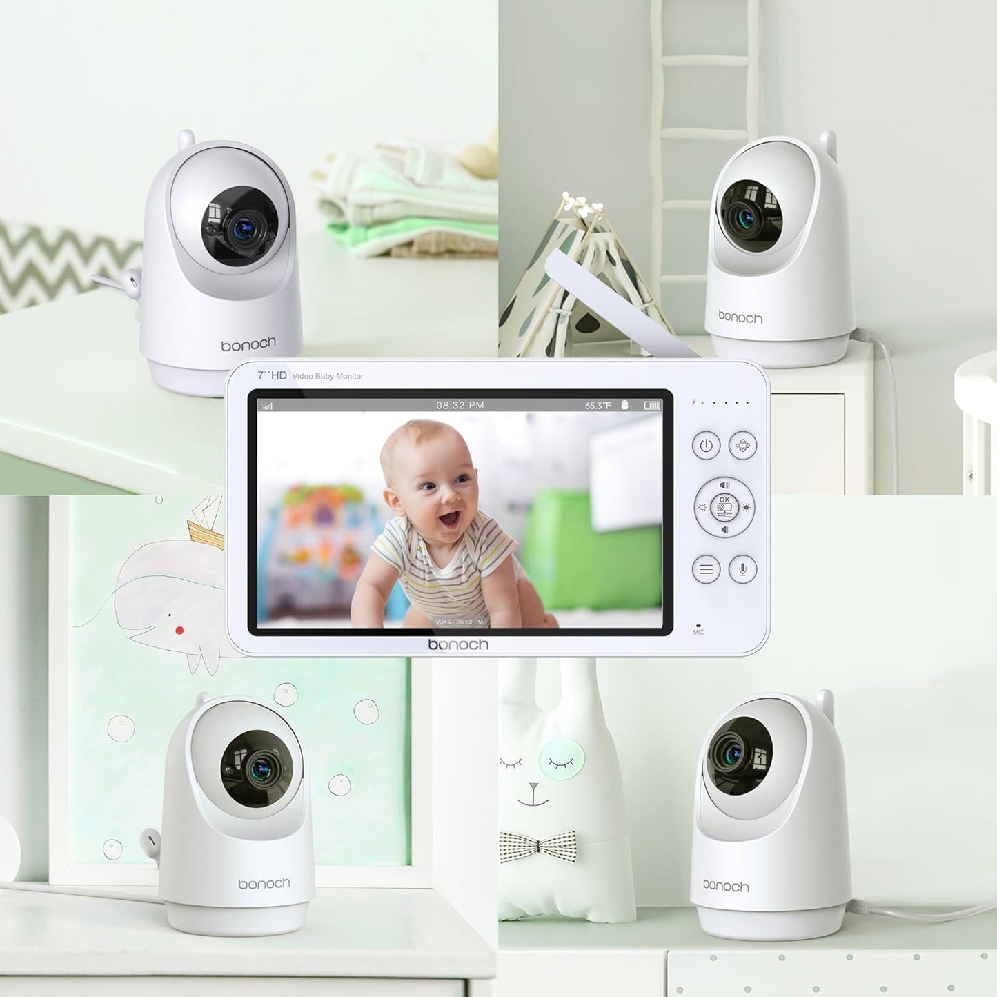 bonoch Add-on Baby Camera Unit for BBM03/ BBM05/07/09, 720p HD Video Baby Monitor Camera No WiFi, Security Split-Screen, Auto Night Vision, 4X Zoom, 2-Way Audio, Temperature Sensor, 8 Lullabies