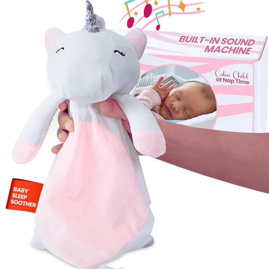 Baby Sleep Soother Pink & White Unicorn Plush with Heartbeat & Lullaby Sounds, 4-in-1 Sound Machine, Security Blanket & Pacifier Holder, Baby Registry Essential & Christmas Gift for Newborns & Infants