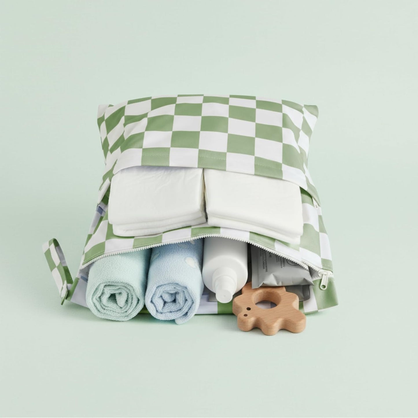 Sage Green Checkered Waterproof Wet Dy Diaper Bag for Baby Essentials, Travel, Swimsuit, Beach Bag Accessories, Aesthetic Trendy Cute Toddler Baby Cloth Bag Pouch, Pack of 2