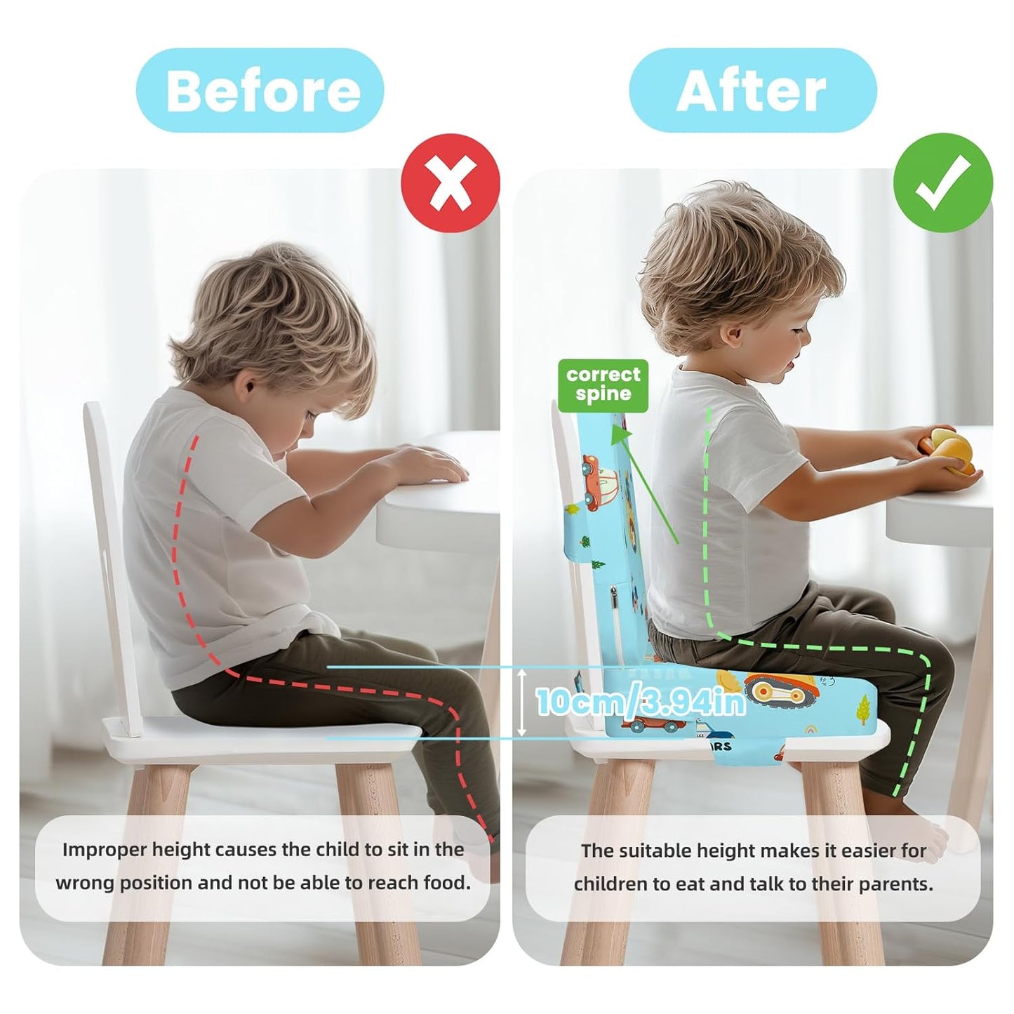 Toddler Booster Seat for Dining Table with Adjustable Straps, Kids Booster Seat for Kitchen Chair with Non-Slip Bottom, Portable Detachable Washable Increasing Cushion (Excavator)