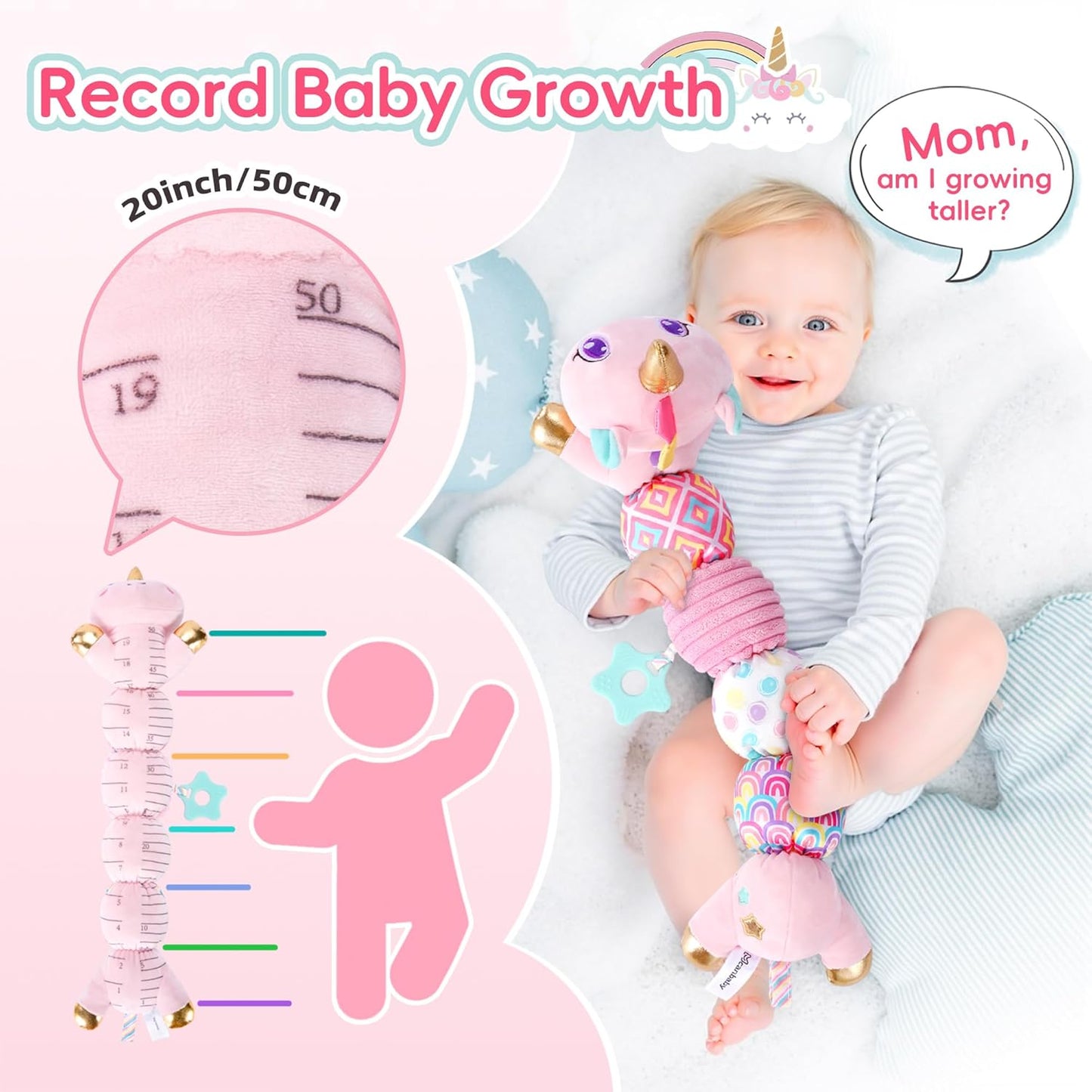 Unicorn Baby Toys 6-12 Months Infant Musical Stuffed Toys for Newborn Tummy Time Sensory toys for babies with Crinkle and Rattle 0-3-6-12 Months Old Baby Girl Must Have Christmas Birthday Gifts - Pink