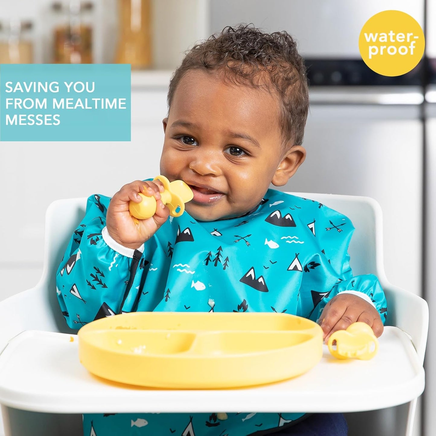 Bumkins Sleeved Bib for Girl or Boy, Baby and Toddler for 6-24 Mos, Essential Must Have for Eating, Feeding, Baby Led Weaning Supplies, Long Sleeve Mess Saving Food Catcher, Fabric, Outdoors Blue