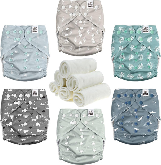 Mama Koala 3.0 Pocket Diapers for Babies with Suede Cloth Lining, 6 Pack with 6 4-Layer Natural Cloth Diaper Inserts - Reusable and Washable Pocket Diapers(S-The Gray Sky)
