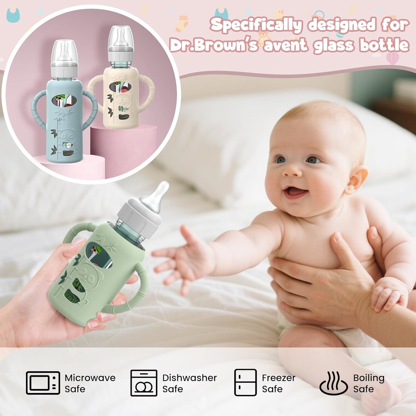 3 PCS Dr Brown Glass Bottles Silicone Sleeves, Compatible with Dr Browns Glass Bottles 8 oz, Anti-Drop Dr Brown Baby Bottles Sleeves with Handles, Heat-Insulating and Easy to Clean
