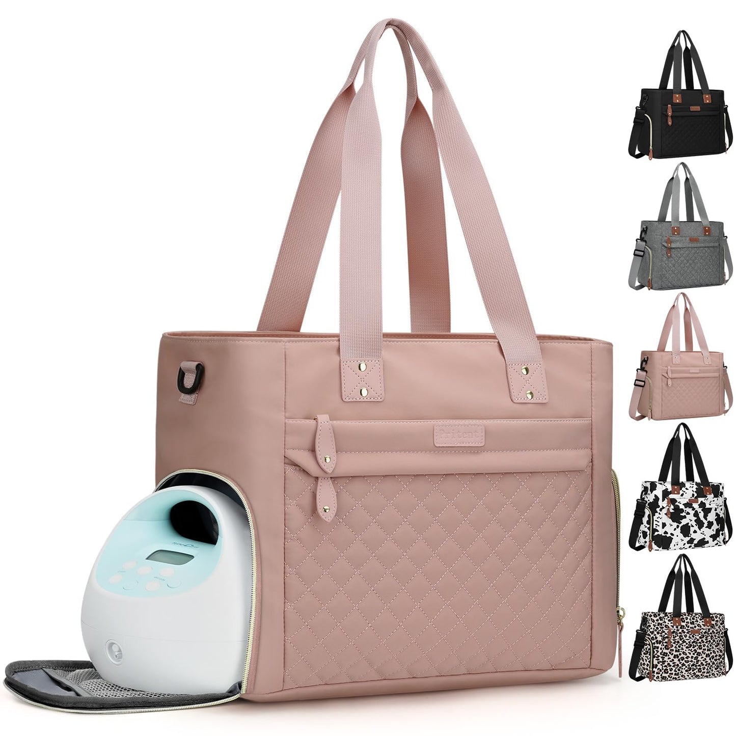 Diaper Bag Tote for Working Mom, Large Travel Diaper Tote for Mom and Dad with 14 Inch Laptop Sleeve, Mommy Maternity Travel Baby Bag for Boys and Girls, Pink
